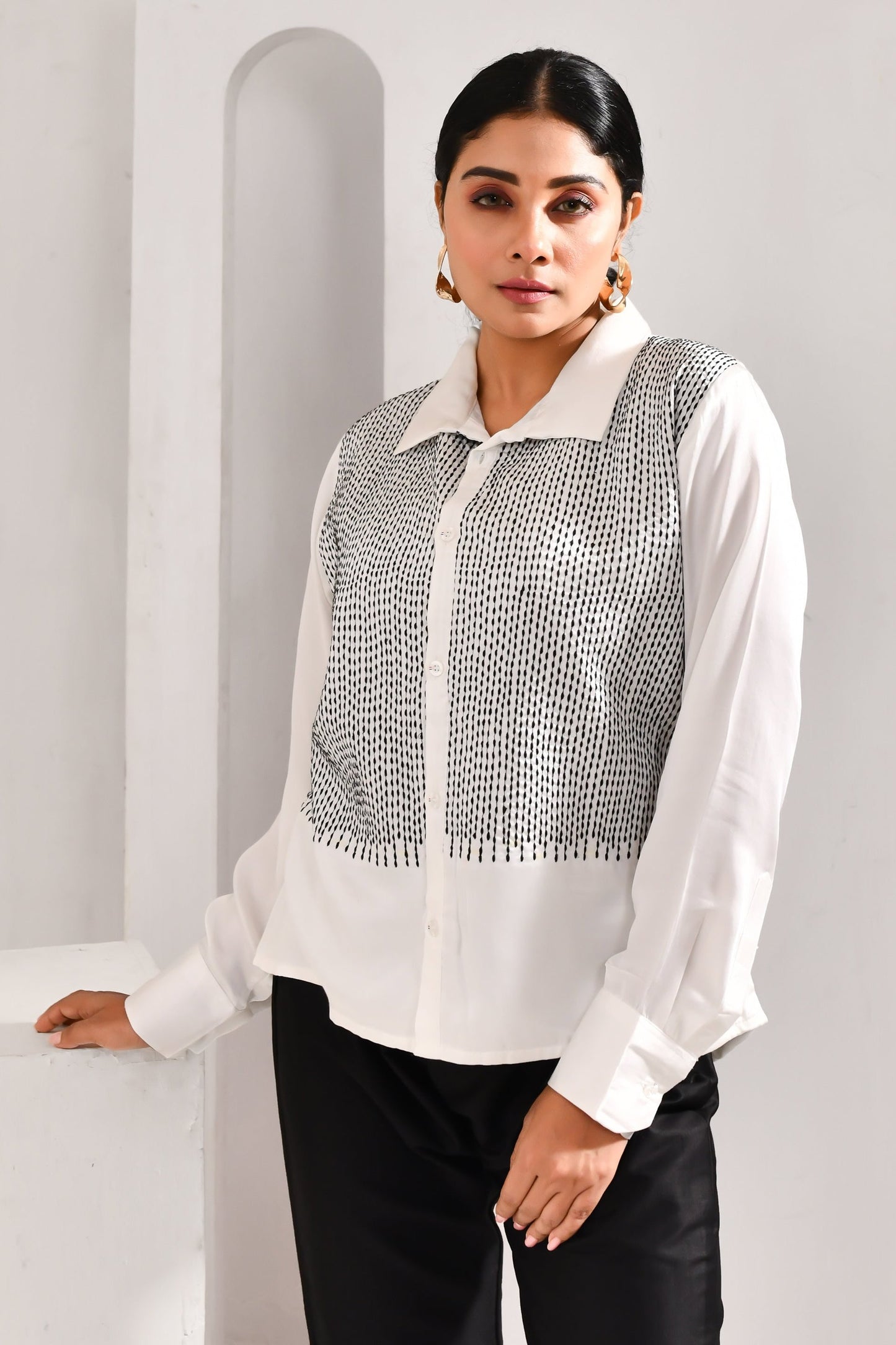 White Modal Satin Kantha Style Shirt - Golden Muslin