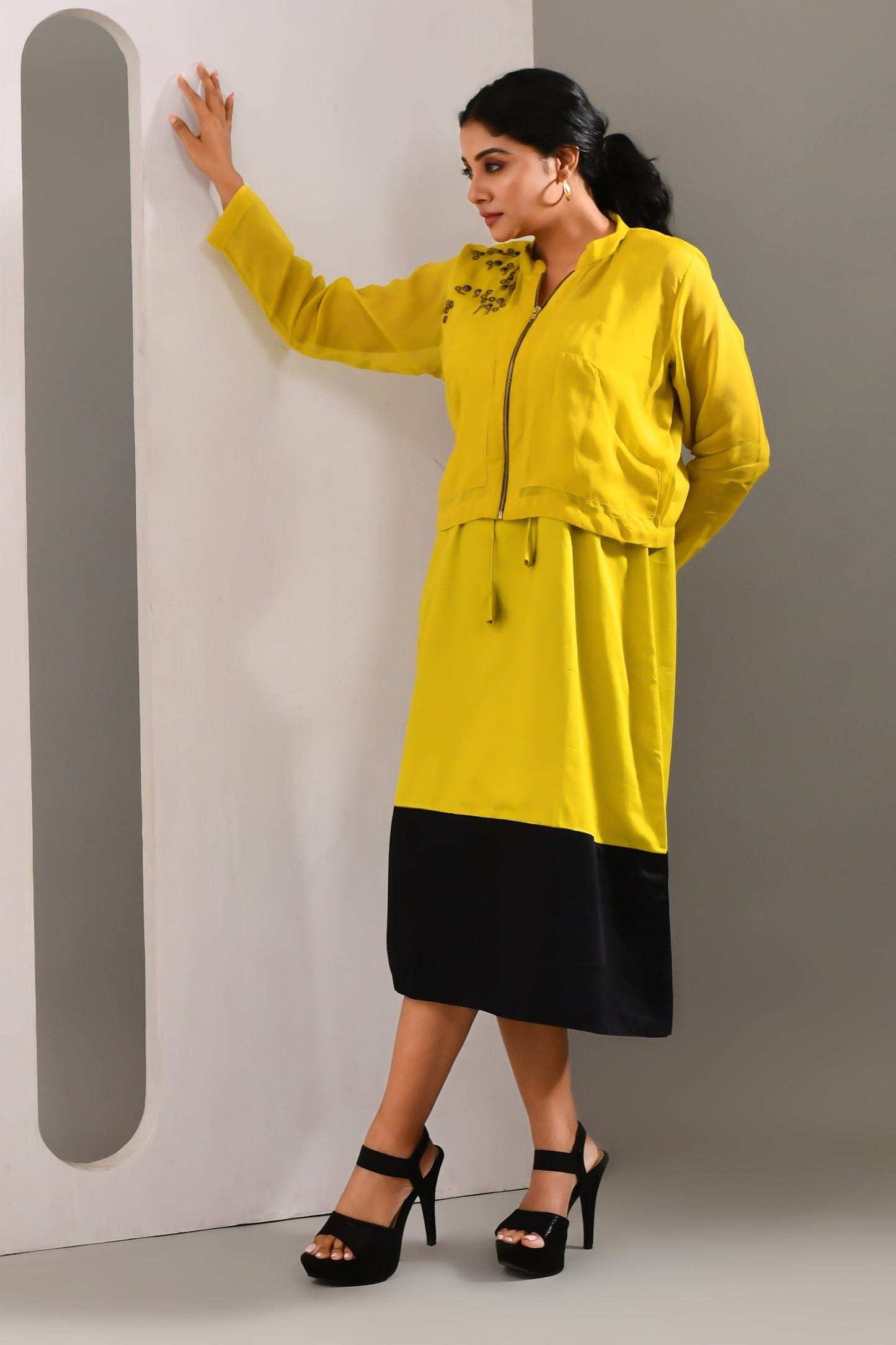 Deep Lime Green Blended Cotton and Organza Co Ord Set - Golden Muslin