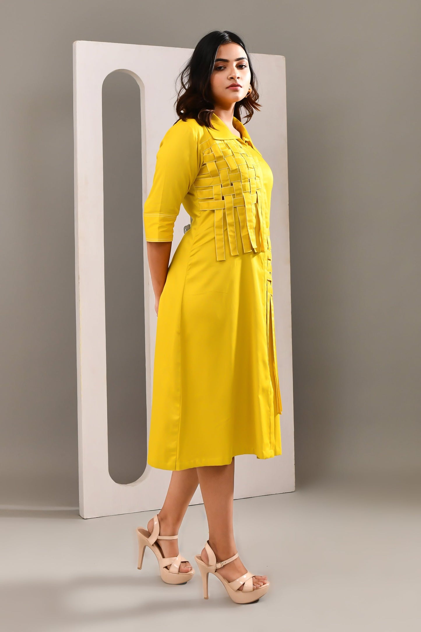 Yellow Blended Cotton Abstract Patterned Dress - Golden Muslin