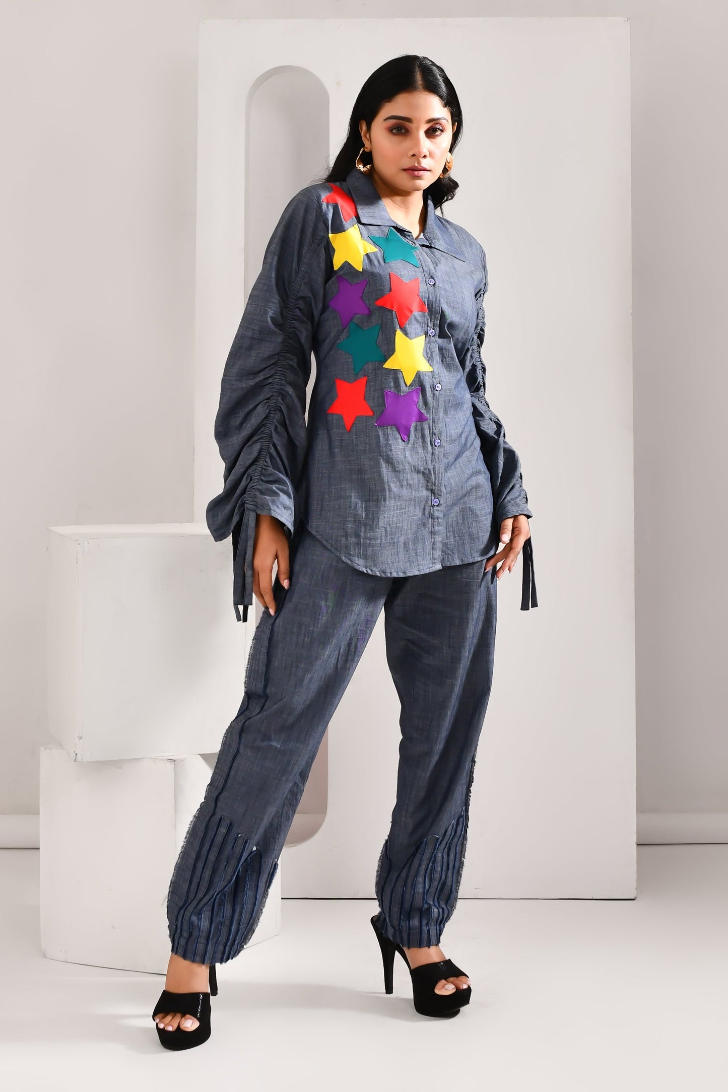 Denim Blue Blended Cotton Contrasting Star Designed Shirt - Golden Muslin
