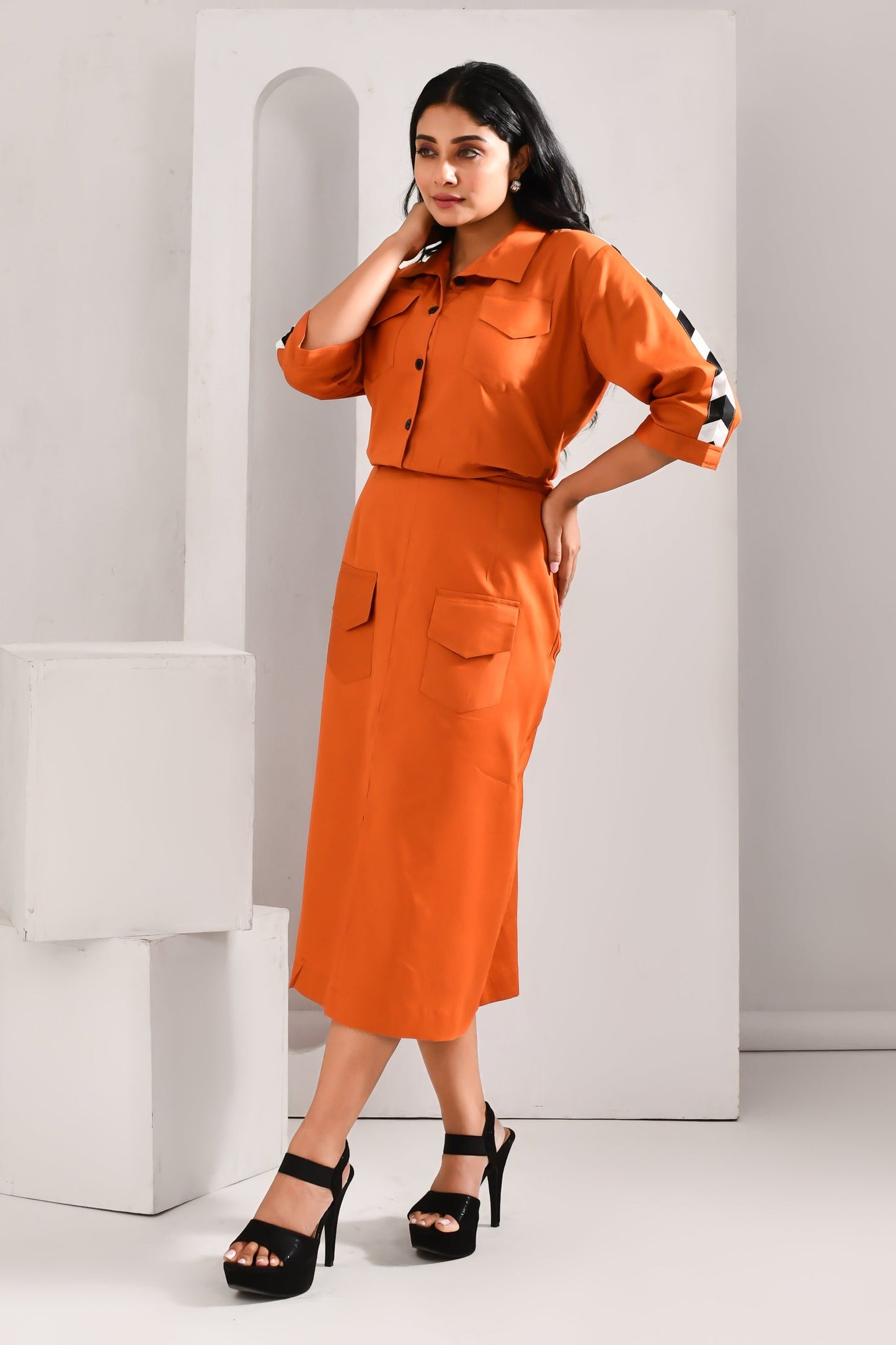Flame Orange Blended Cotton Pocket Style Co Ord Set - Golden Muslin