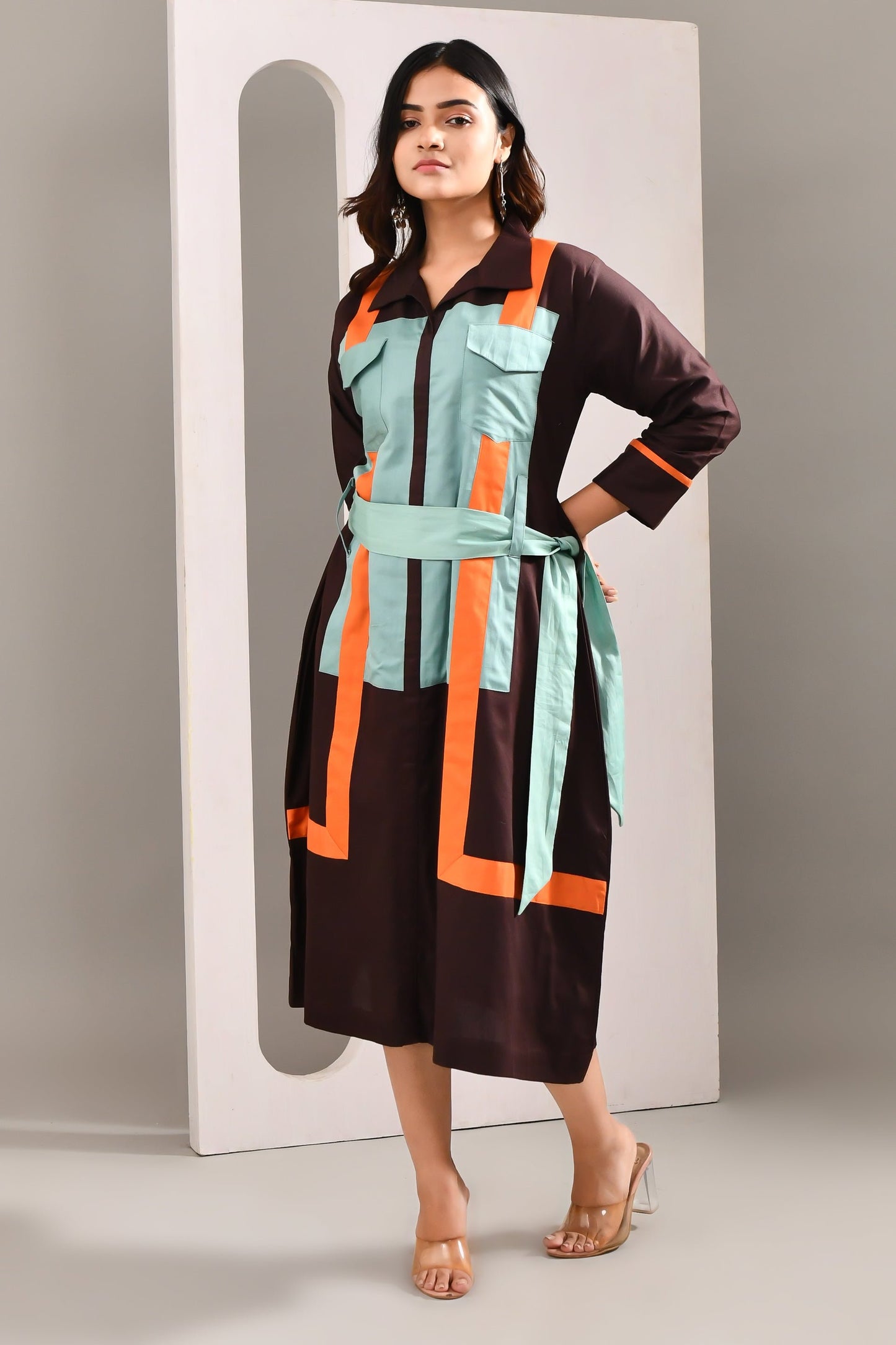 Dark Purplish Brown Blended Cotton Multi Textured Dress - Golden Muslin