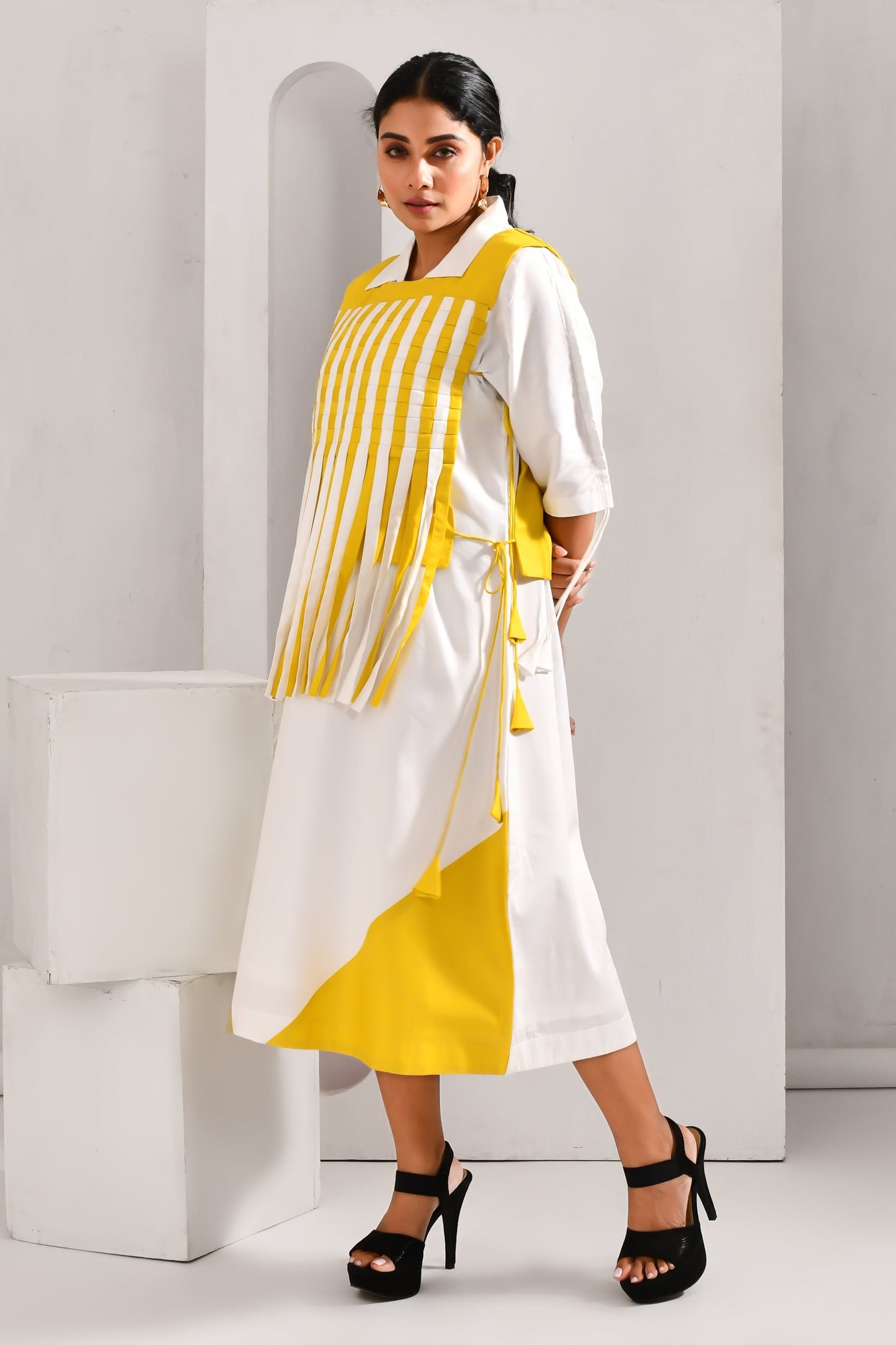 White and Lime Yellow Blended Cotton Striped Dress - Golden Muslin