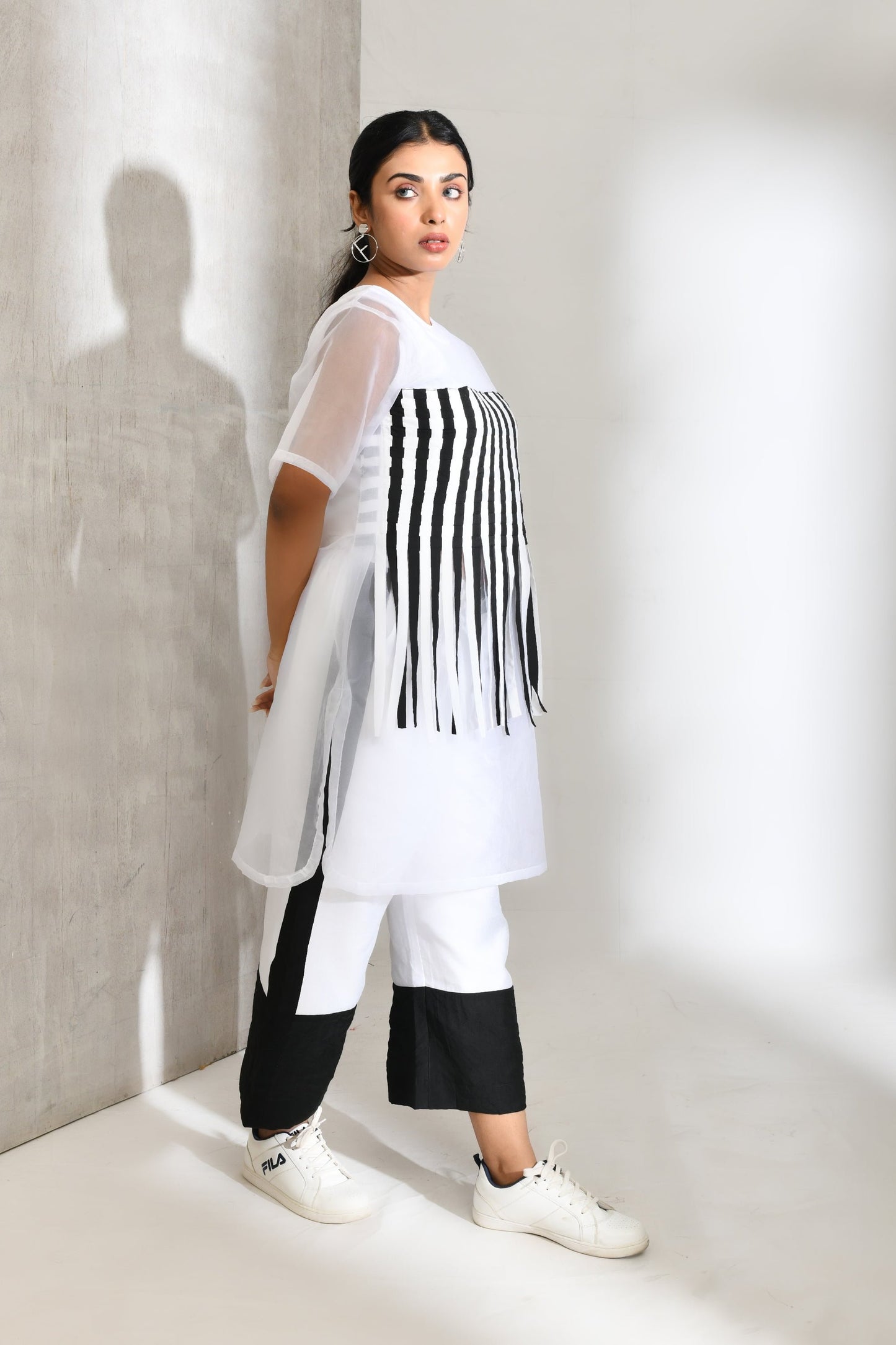 Black and White Blended Cotton and Organza Co Ord Set - Golden Muslin