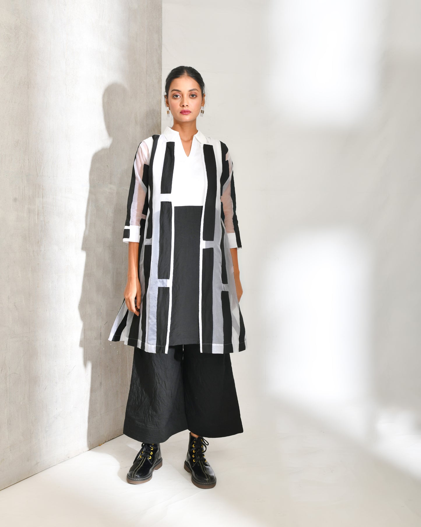 Black And White Cotton And Organza Jacket Co-ord Set