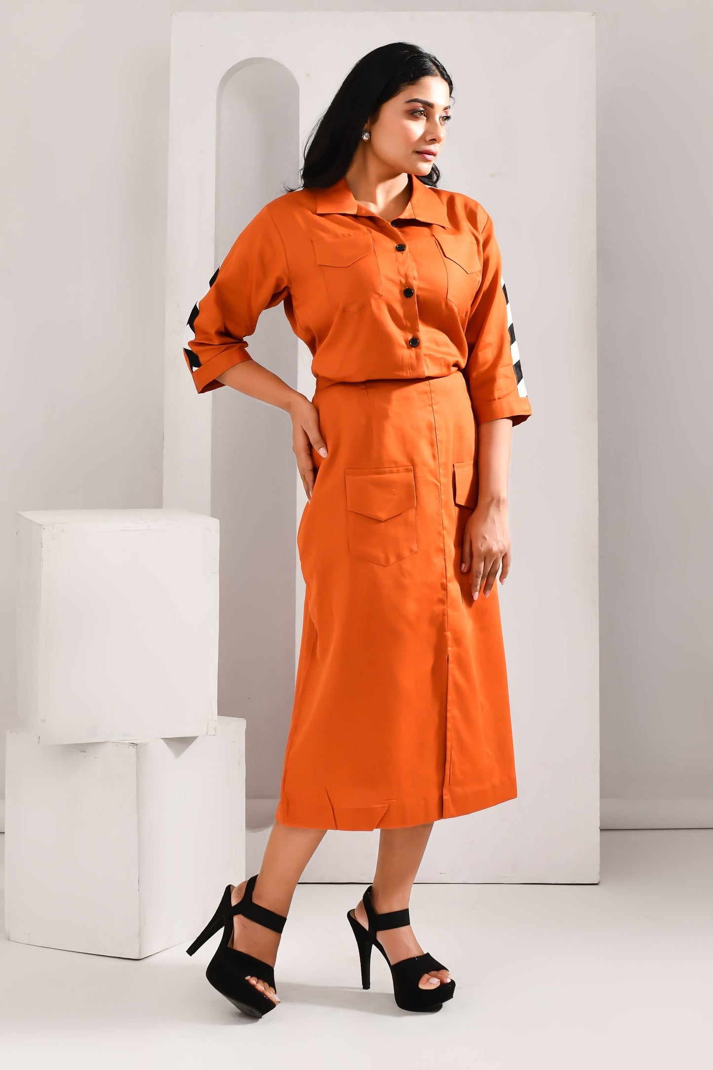 Flame Orange Blended Cotton Pocket Style Co Ord Set - Golden Muslin