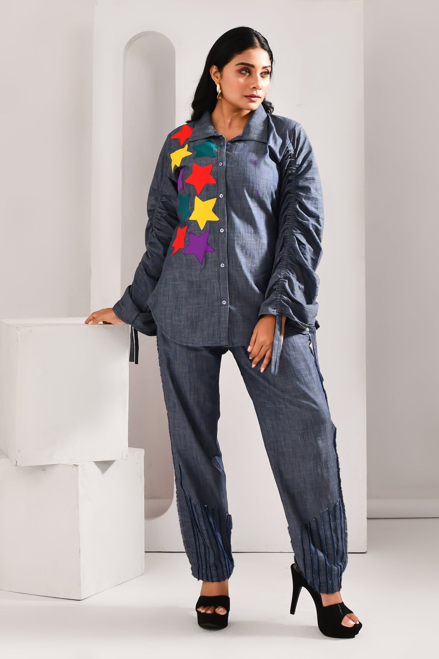 Denim Blue Blended Cotton Contrasting Star Designed Shirt - Golden Muslin