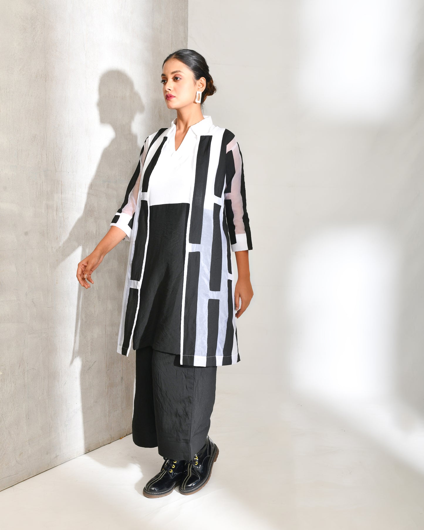 Black And White Cotton And Organza Jacket Co-ord Set