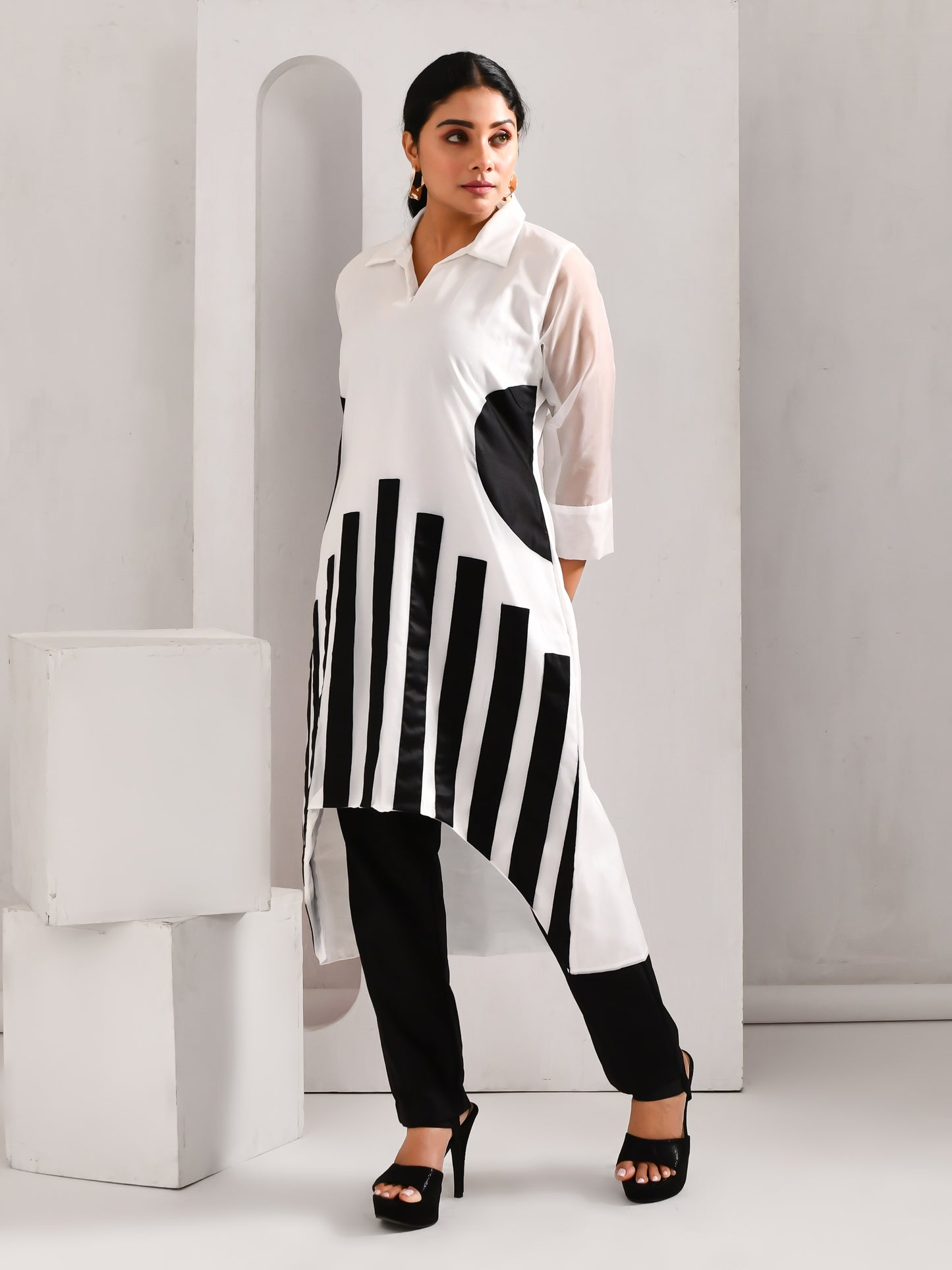 White and Black Blended Cotton & Organza Co Ord Set - Golden Muslin