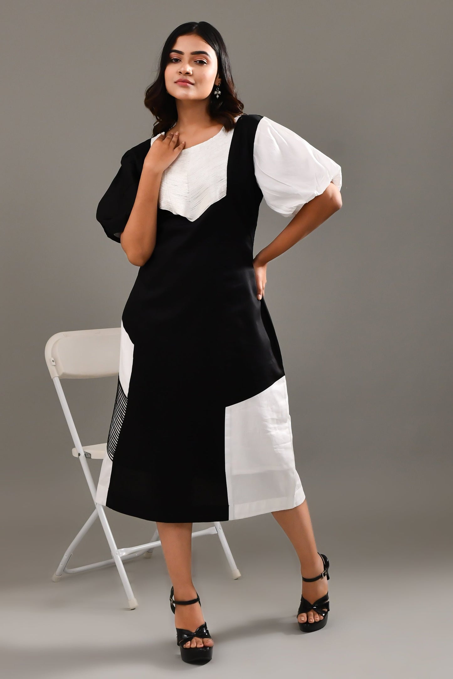 Black & White Blended Cotton Self Textured Dress - Golden Muslin
