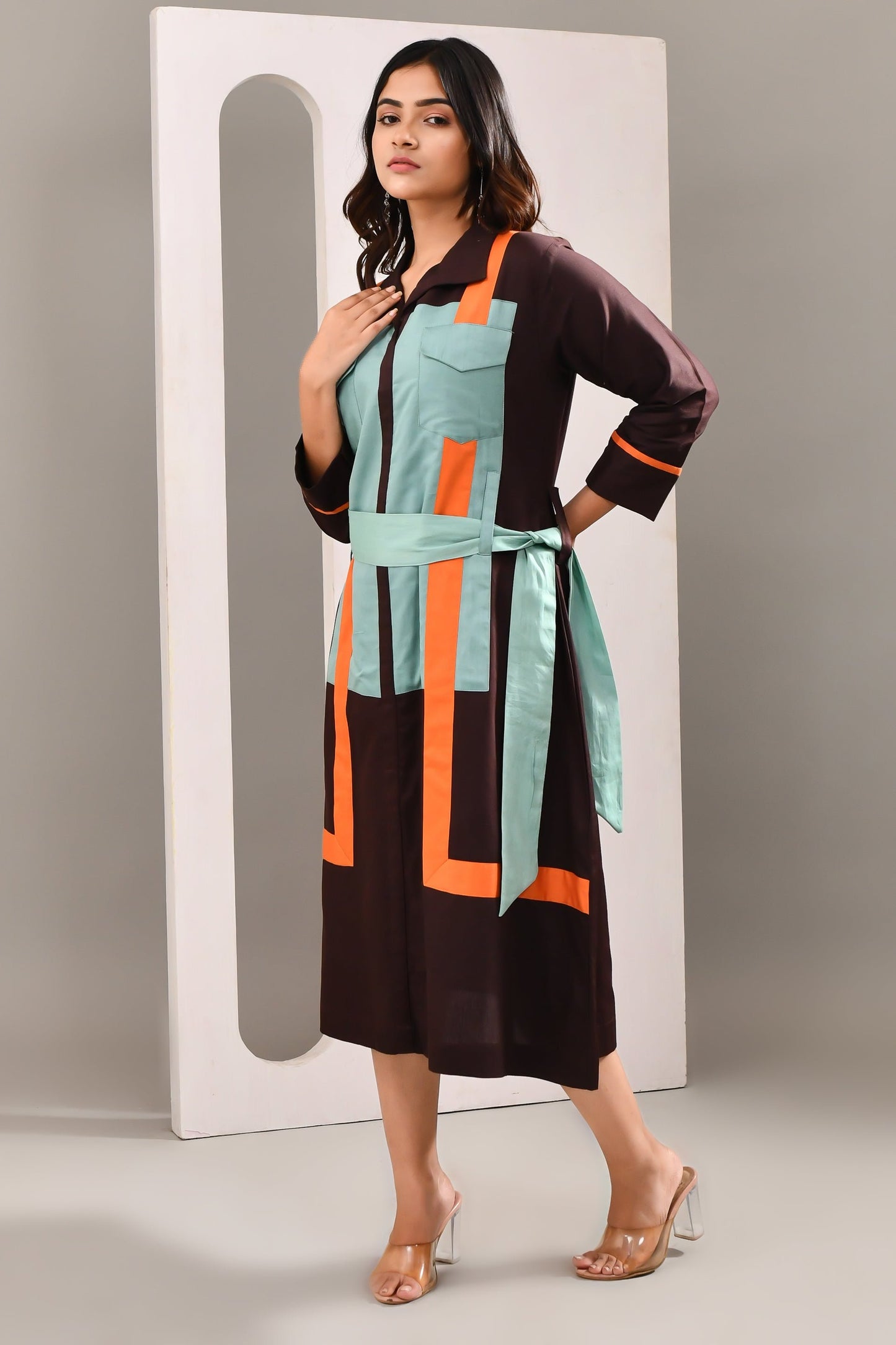 Dark Purplish Brown Blended Cotton Multi Textured Dress - Golden Muslin