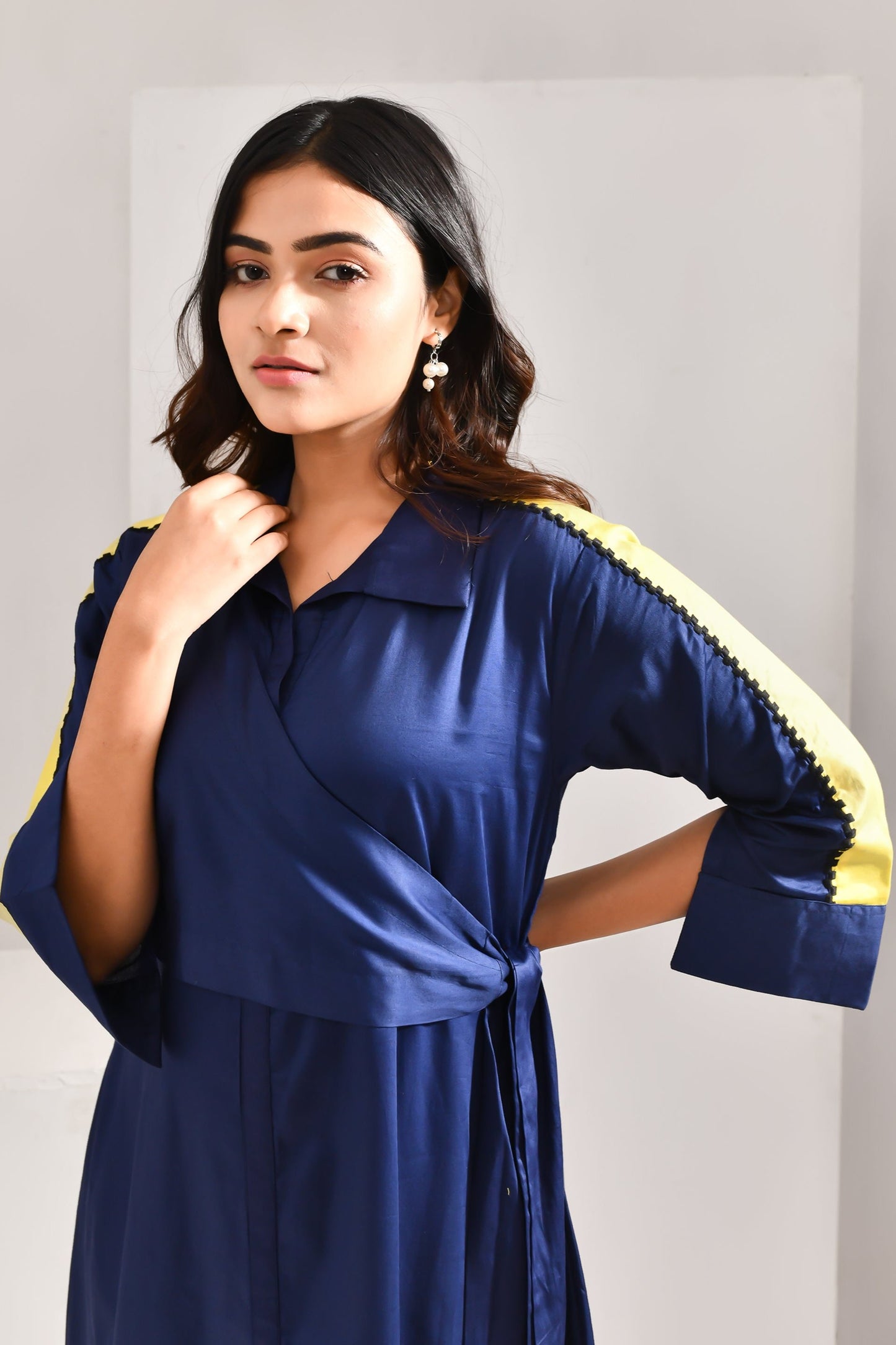 Deep Blue Blended Cotton Solid Jacket Style Dress - Golden Muslin