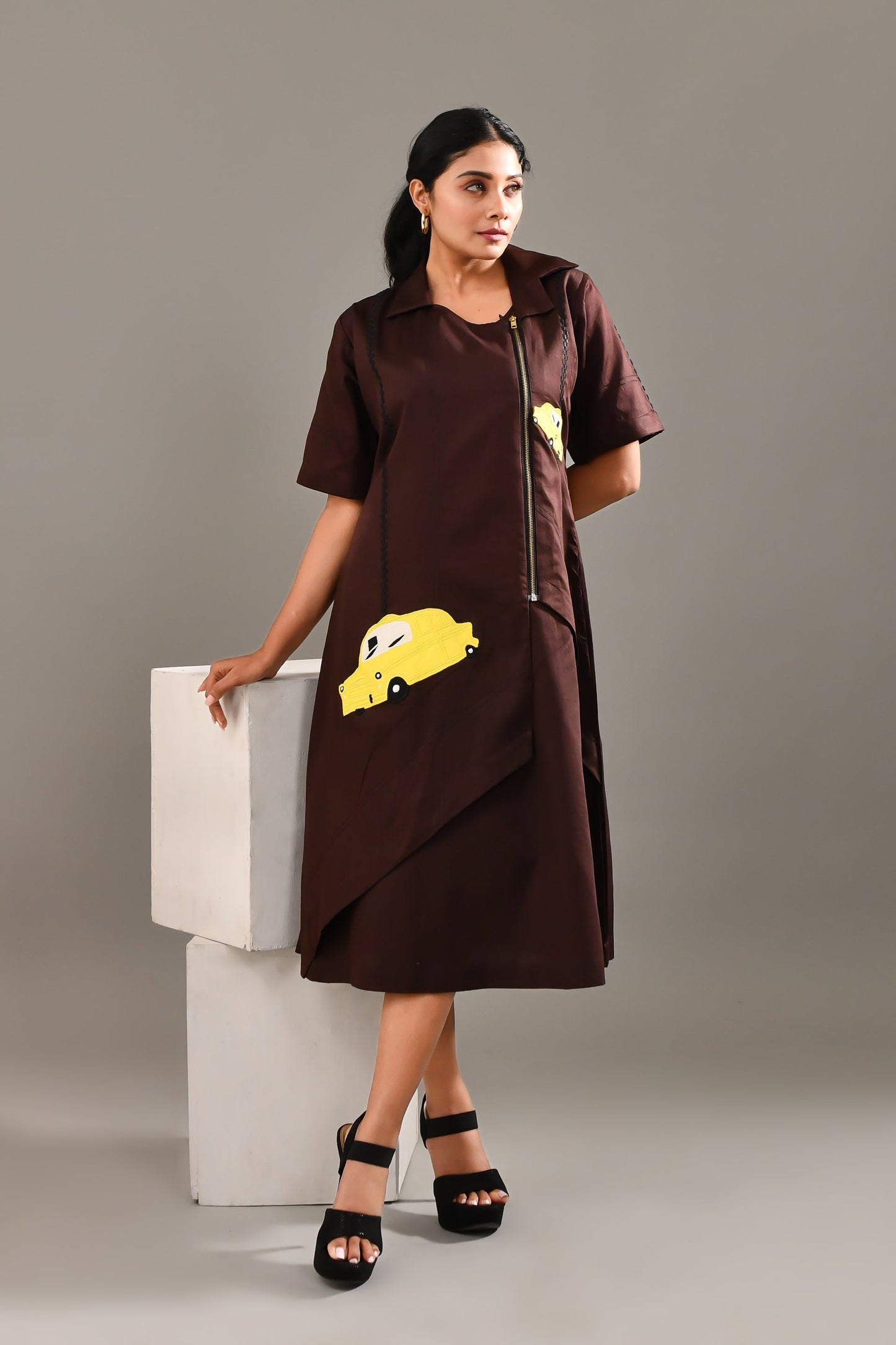 Wine Brown Modal Satin Car Design Dress - Golden Muslin