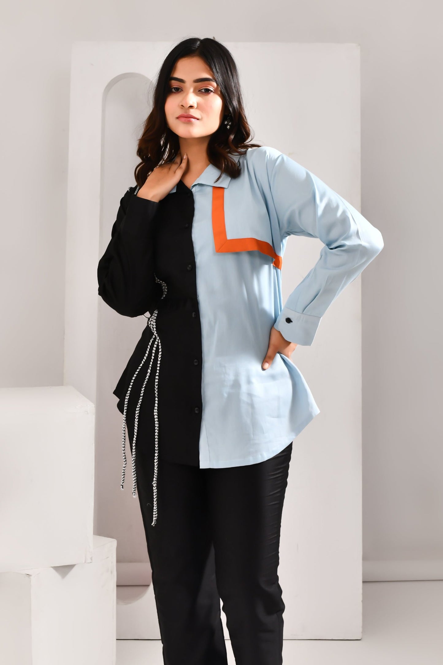 Black & Sky Blue Thread Worked Blended Cotton Shirt - Golden Muslin
