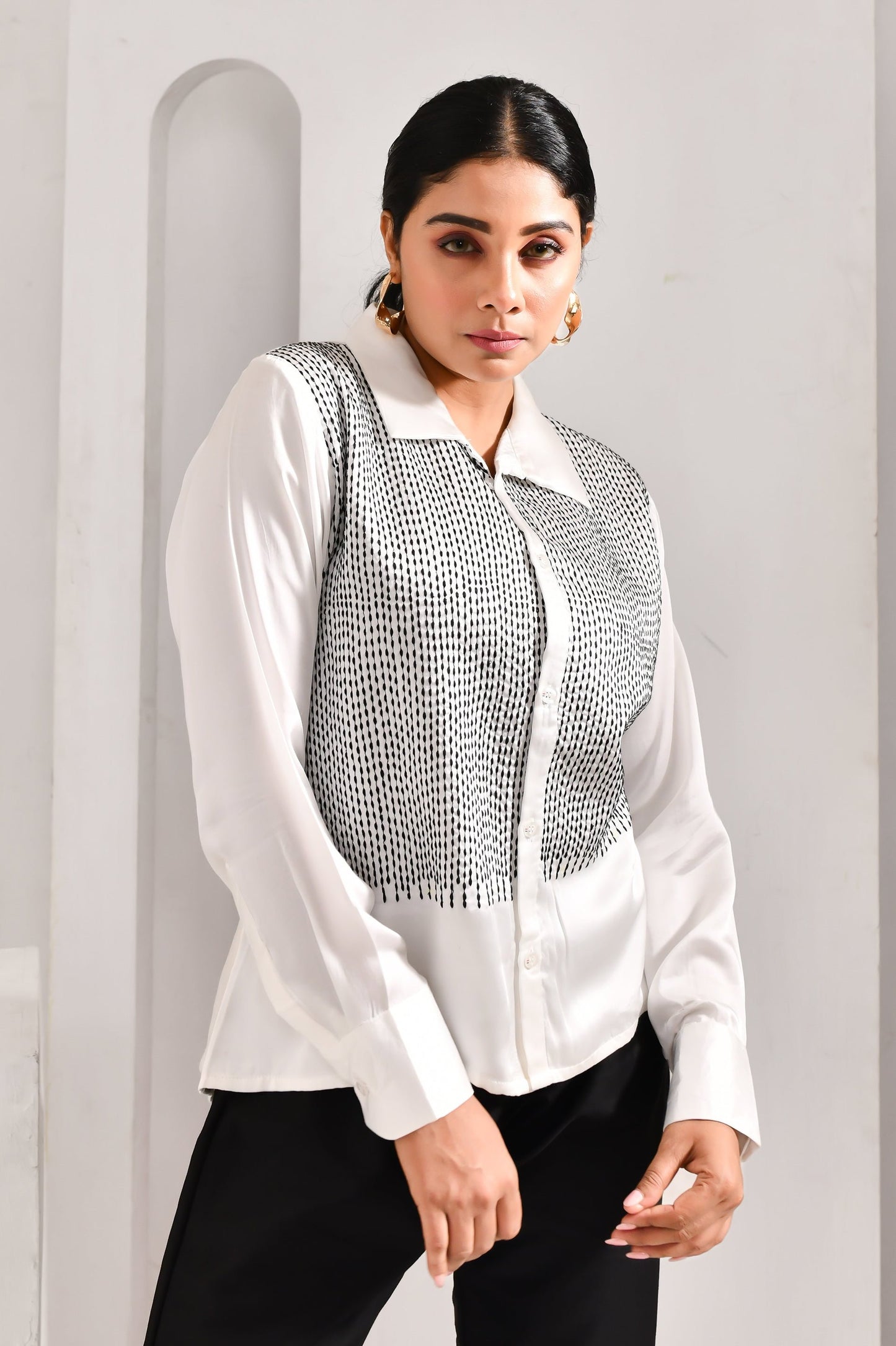 White Modal Satin Kantha Style Shirt - Golden Muslin