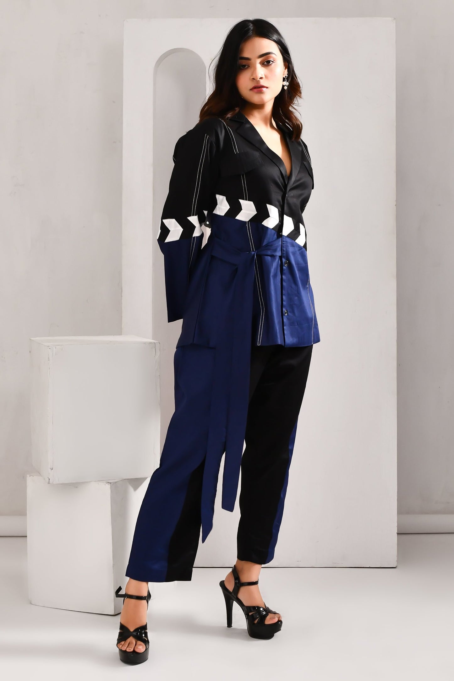 Deep Blue and Black Blended Cotton Jacket Style Co Ord Set - Golden Muslin