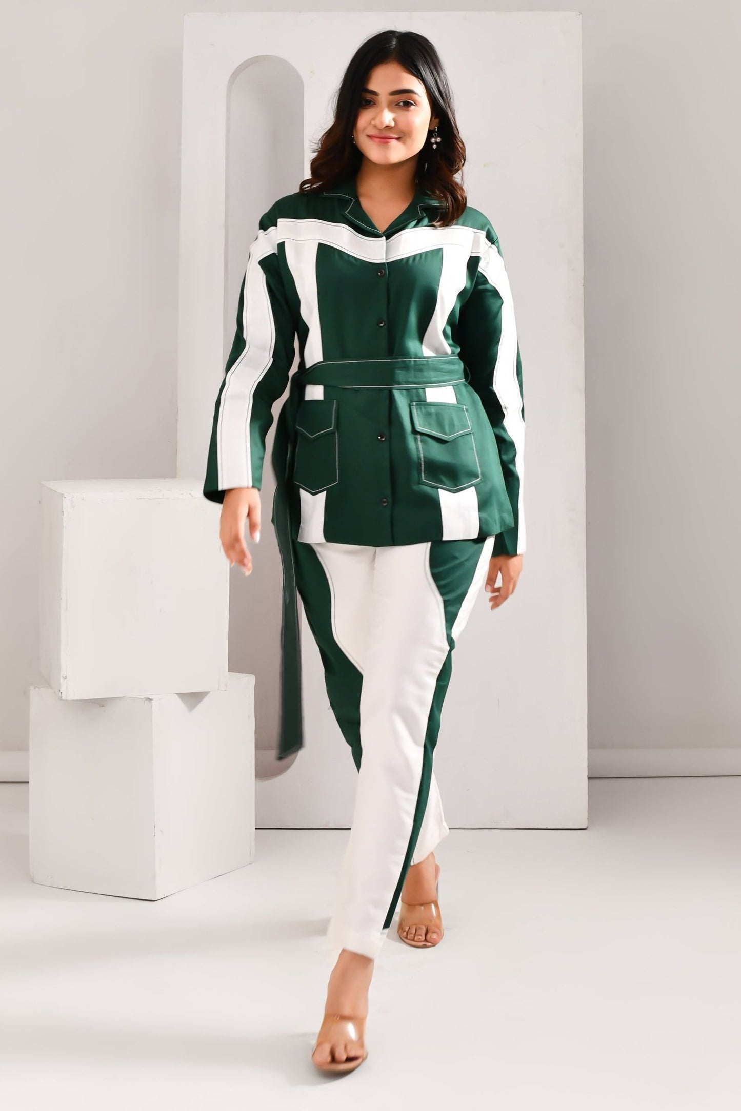 Hunter Green & White Blended Cotton Belt Tie Co Ord Set - Golden Muslin