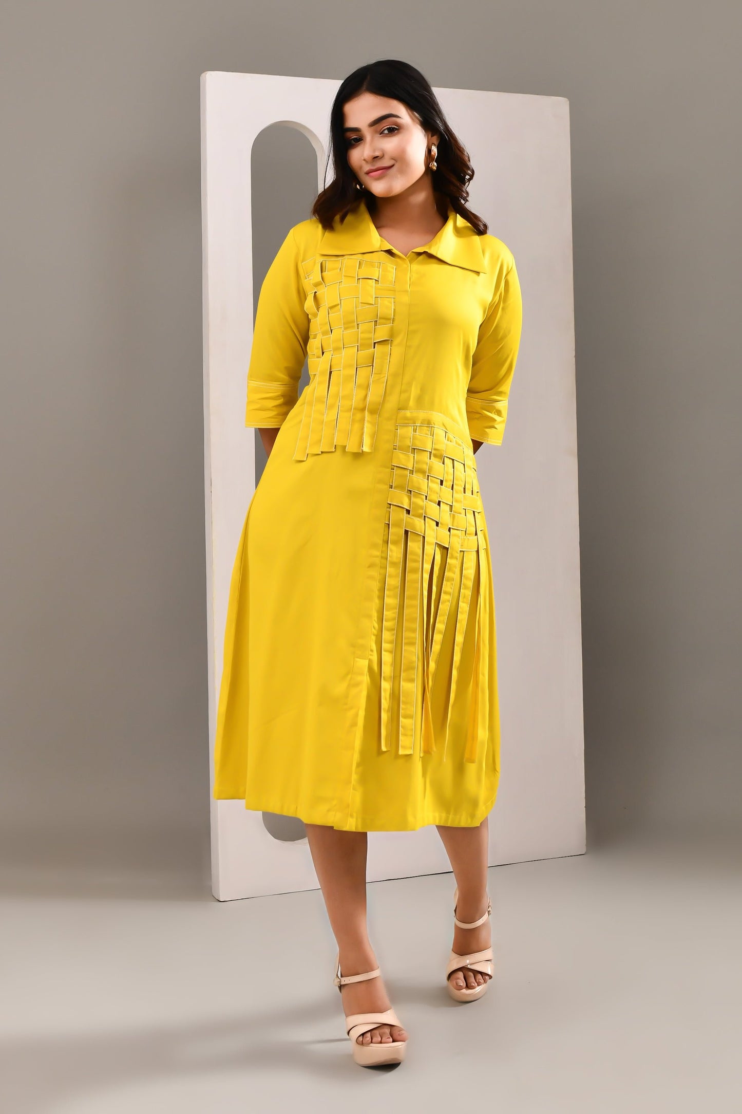 Yellow Blended Cotton Abstract Patterned Dress - Golden Muslin