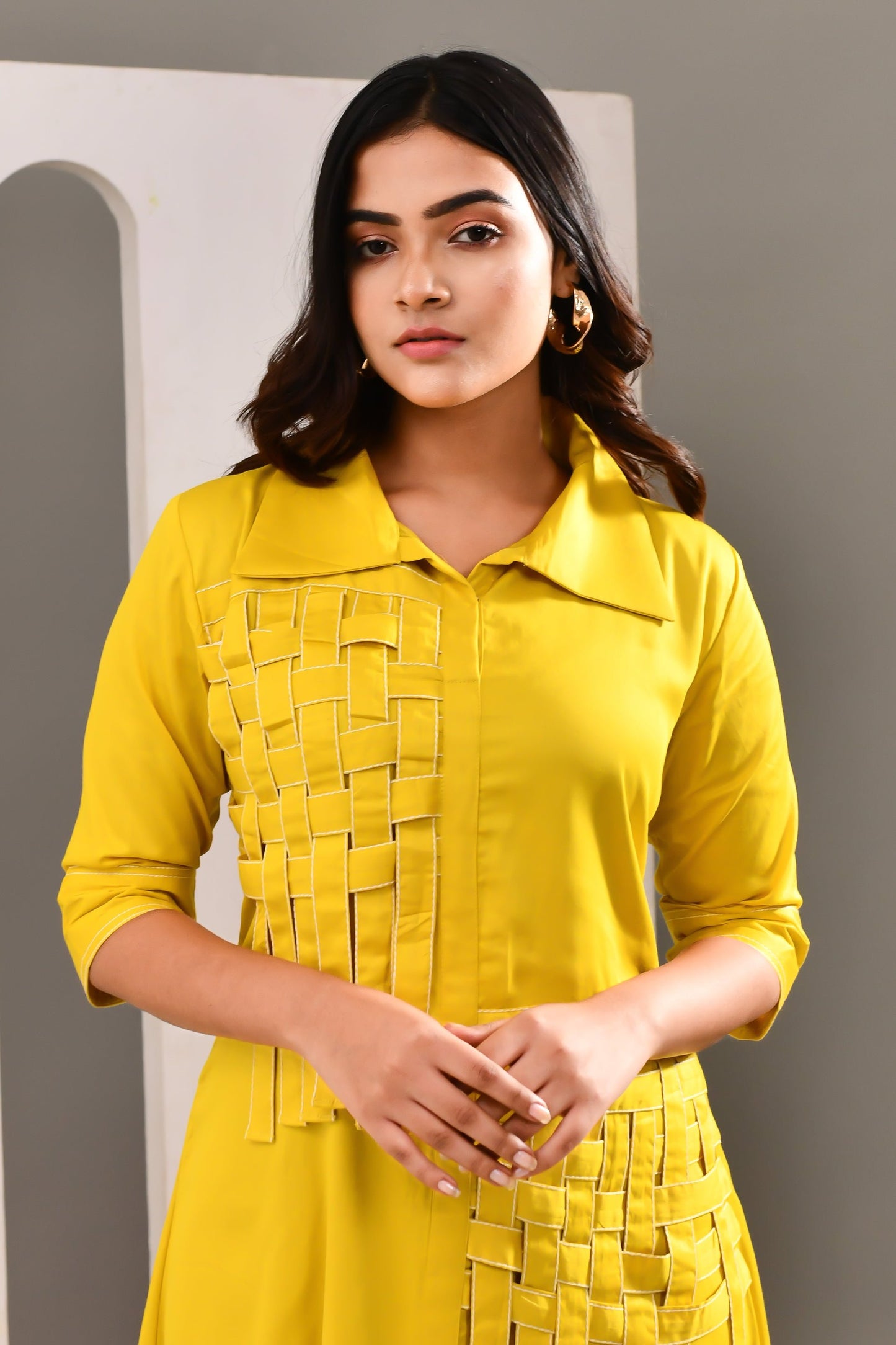 Yellow Blended Cotton Abstract Patterned Dress - Golden Muslin