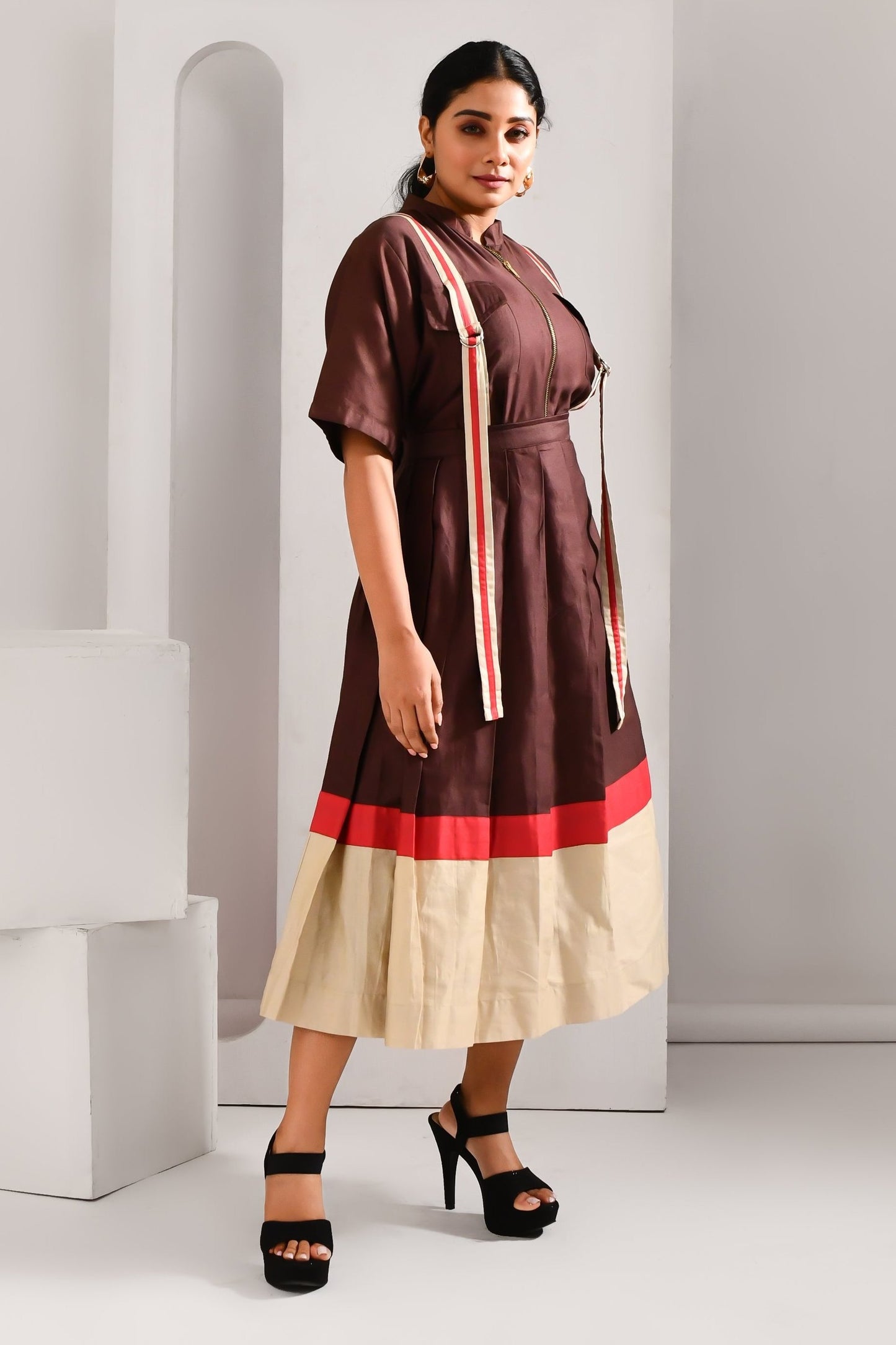 Wine Brown Blended Cotton Self Pleated Co Ord Set - Golden Muslin