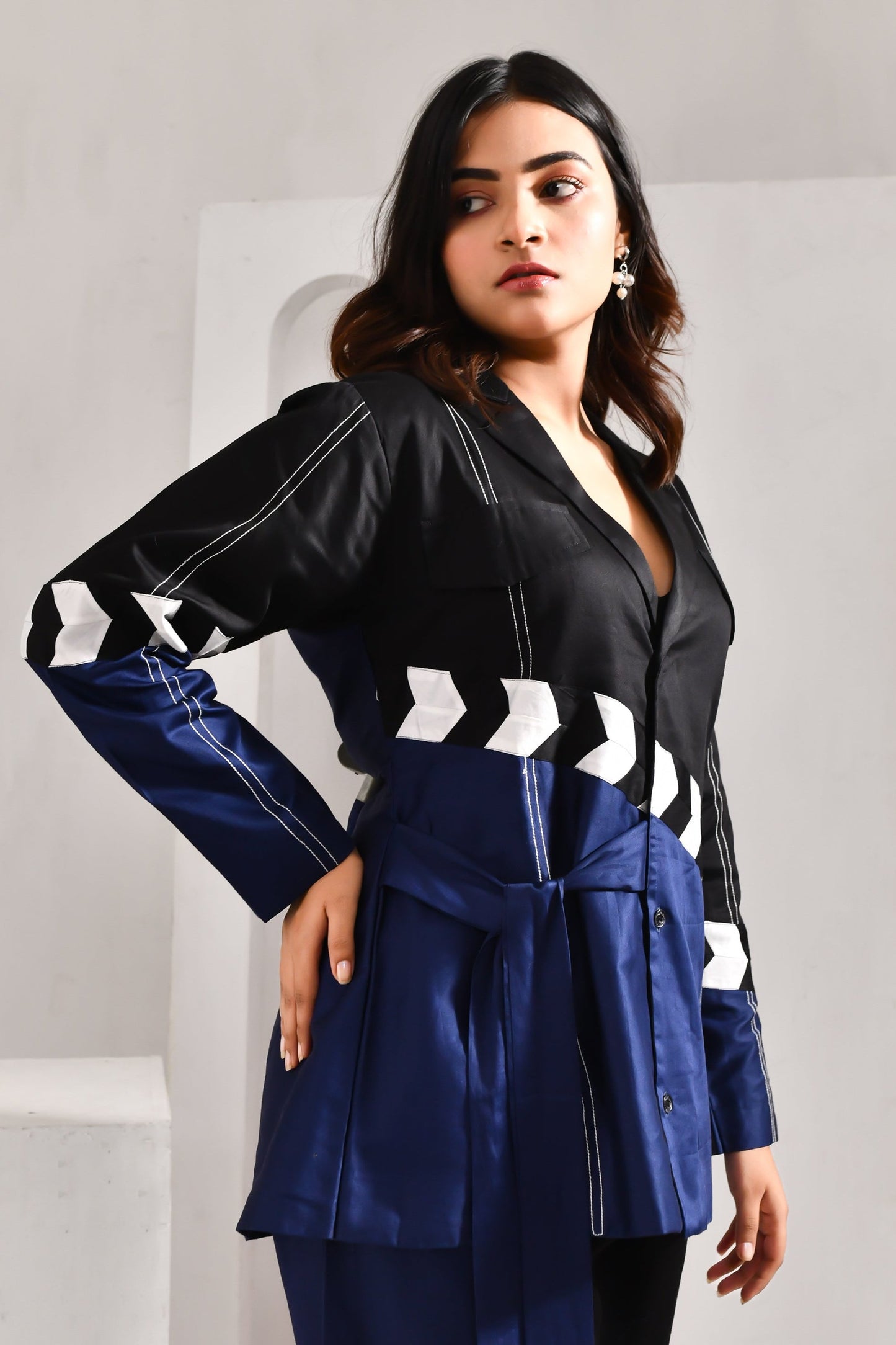 Deep Blue and Black Blended Cotton Jacket Style Co Ord Set - Golden Muslin