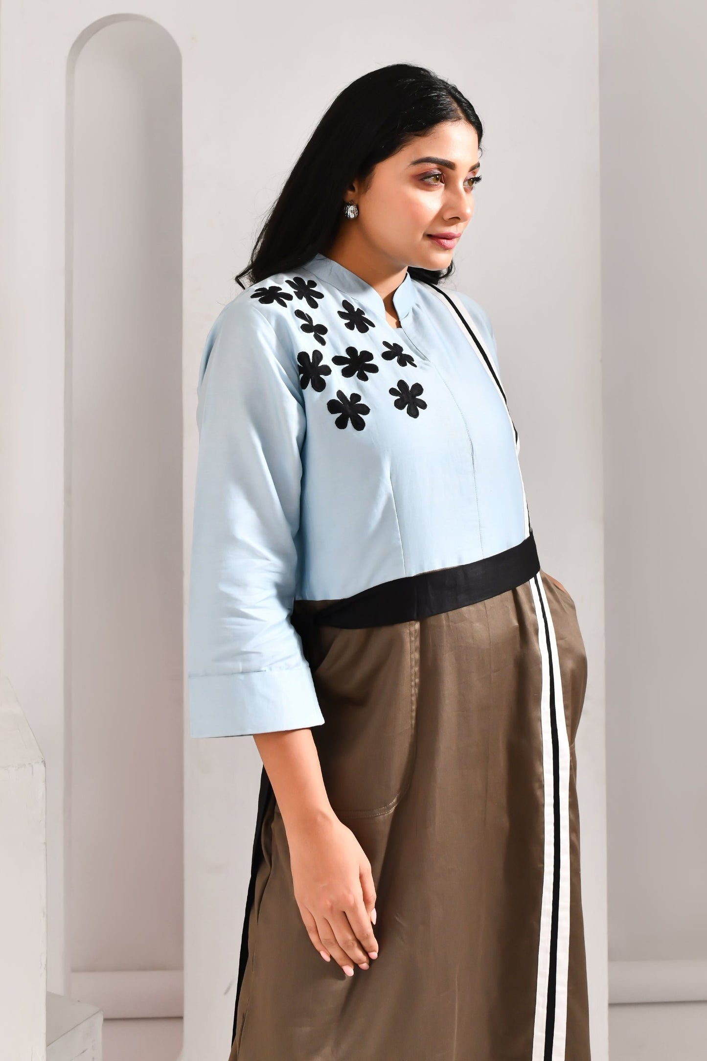 Light Blue & Mud Brown Blended Cotton Dual Structured Dress - Golden Muslin
