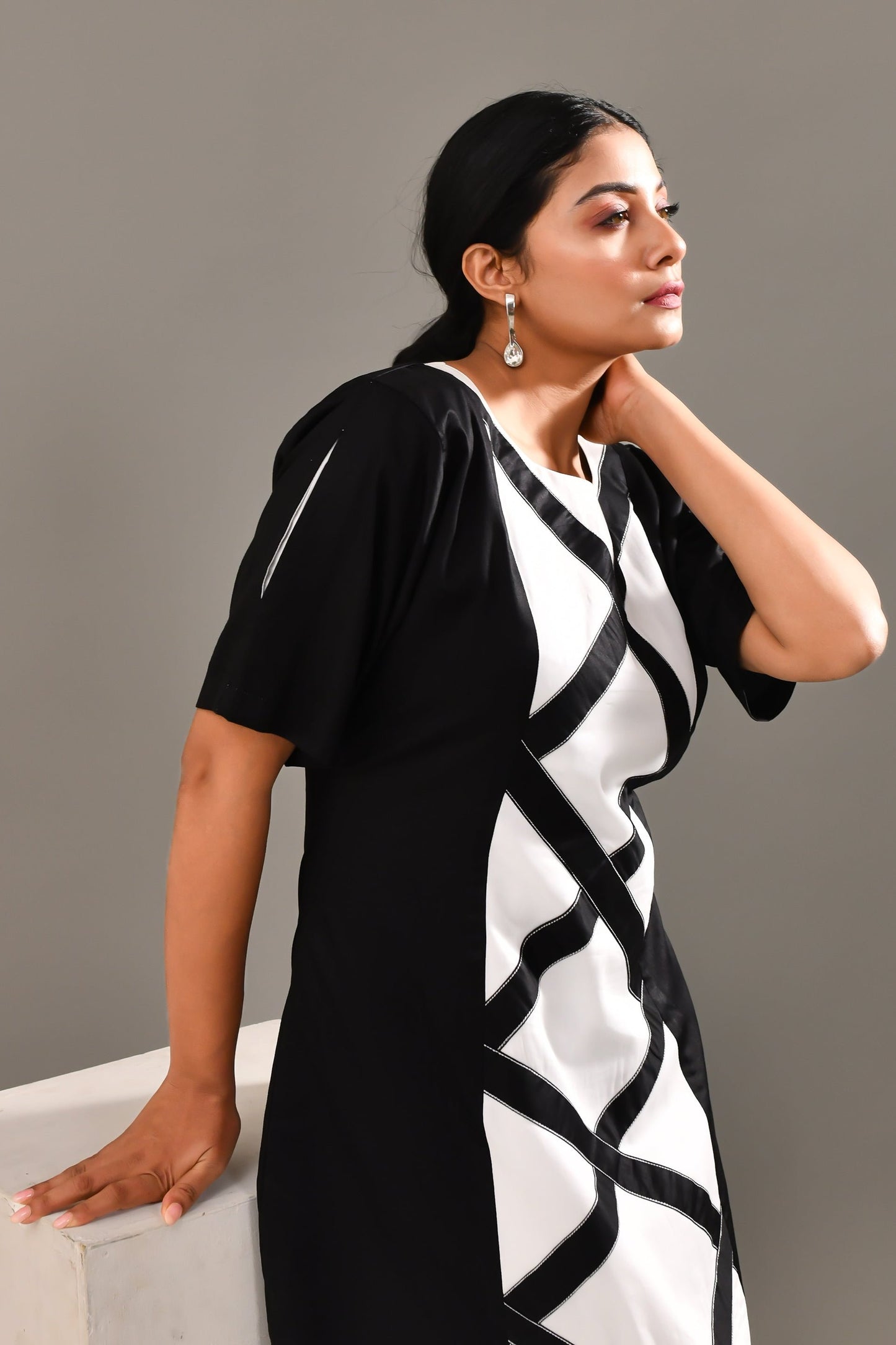 White & Black Blended Cotton Geometric Patterned Dress - Golden Muslin
