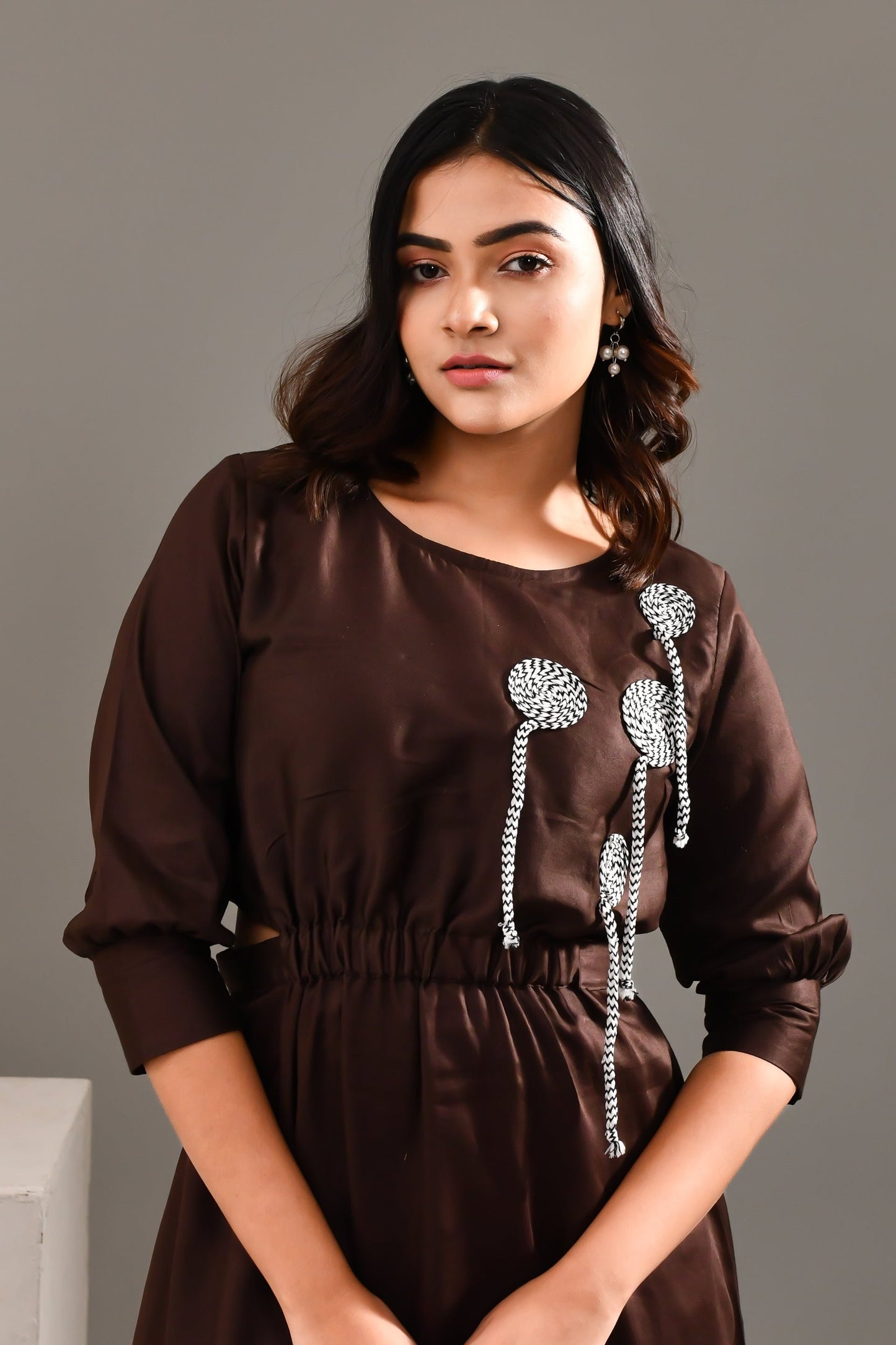 Dark Chocolate Brown Blended Cotton Abstract Designed Dress - Golden Muslin