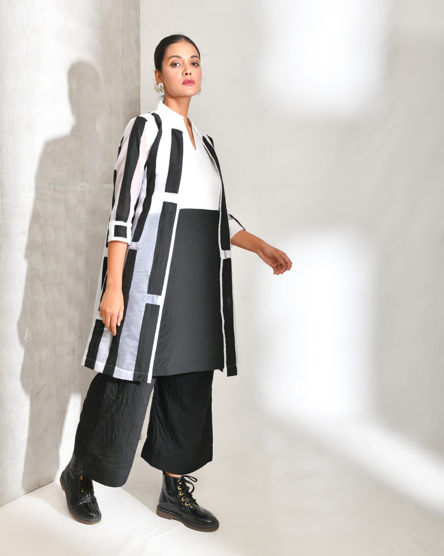 Black And White Cotton And Organza Jacket Co-ord Set