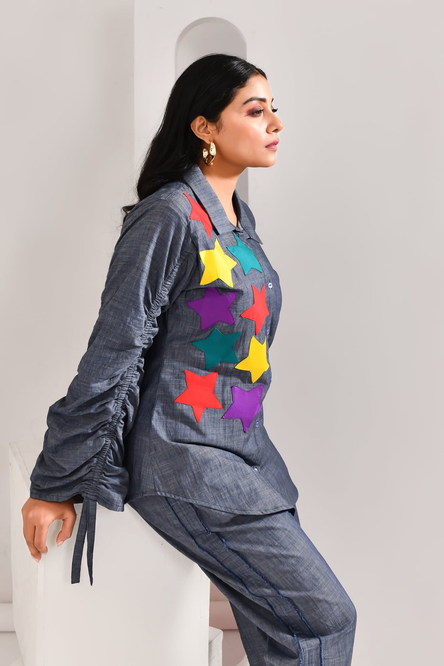 Denim Blue Blended Cotton Contrasting Star Designed Shirt - Golden Muslin
