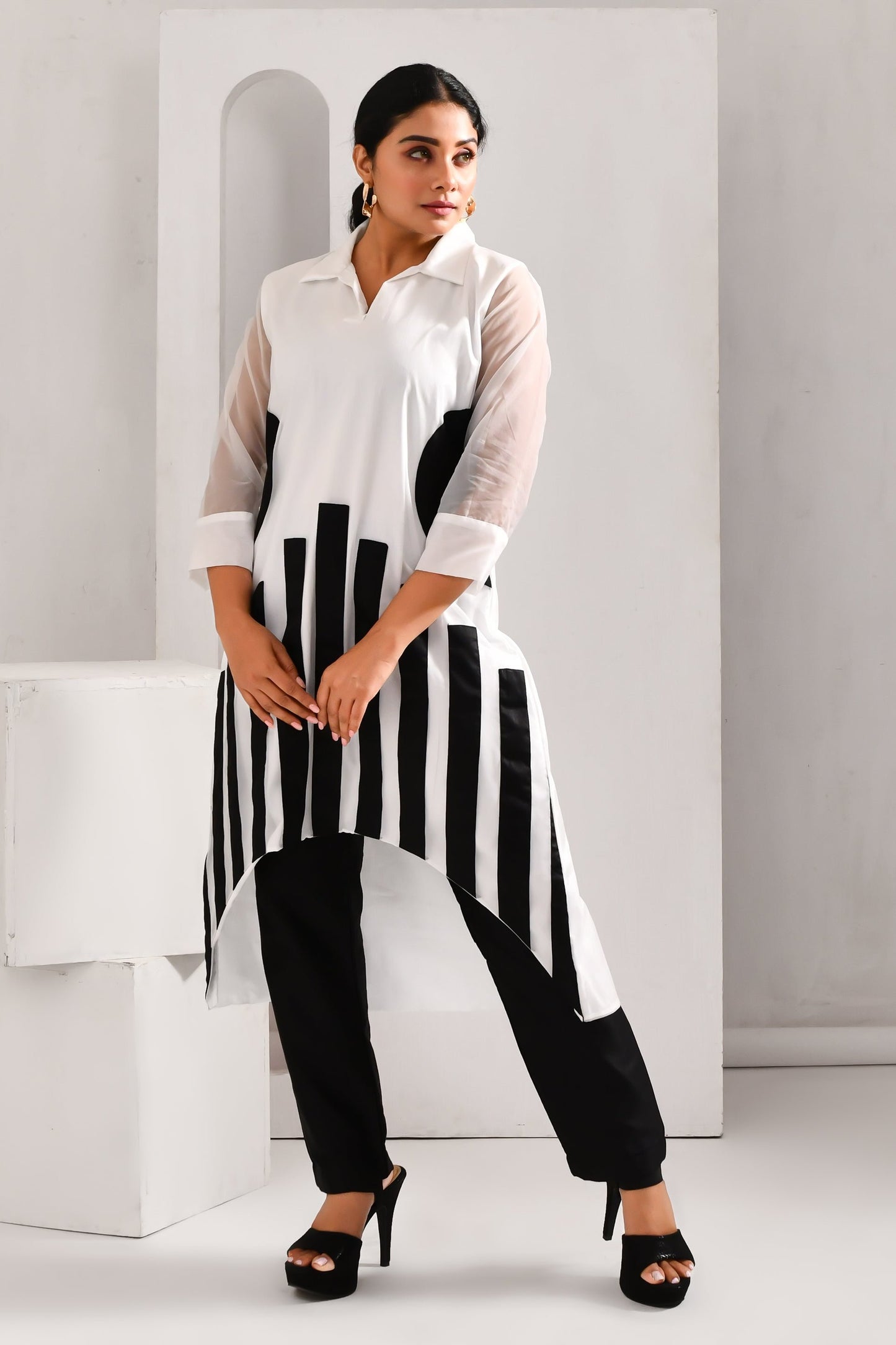 White and Black Blended Cotton & Organza Co Ord Set - Golden Muslin