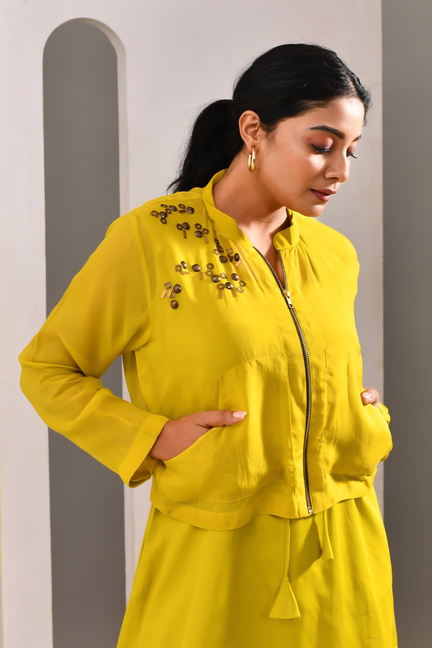 Deep Lime Green Blended Cotton and Organza Co Ord Set - Golden Muslin