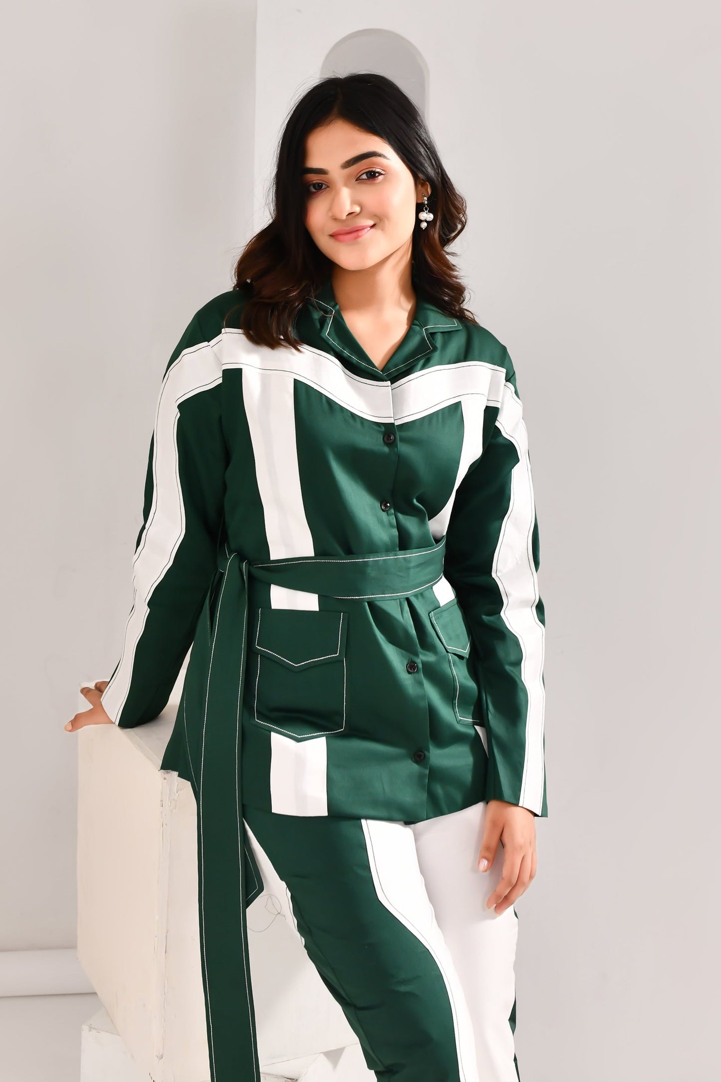 Hunter Green & White Blended Cotton Belt Tie Co Ord Set - Golden Muslin