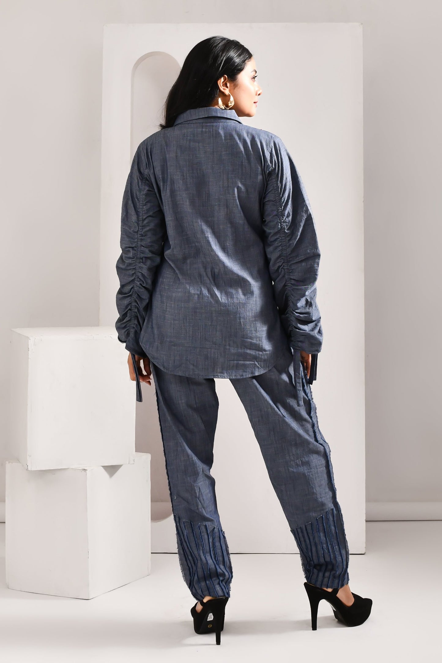 Denim Blue Blended Cotton Contrasting Star Designed Shirt - Golden Muslin