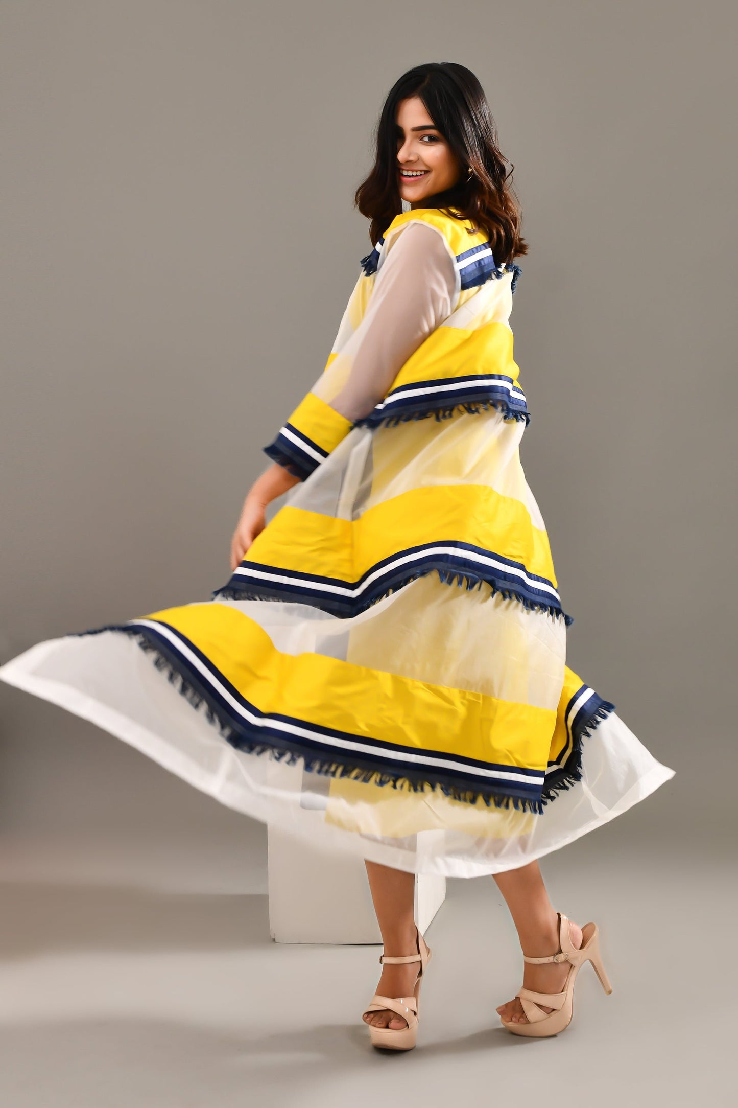 Captivating Multicolored Blended Cotton & Organza Jacket Style Dress - Golden Muslin