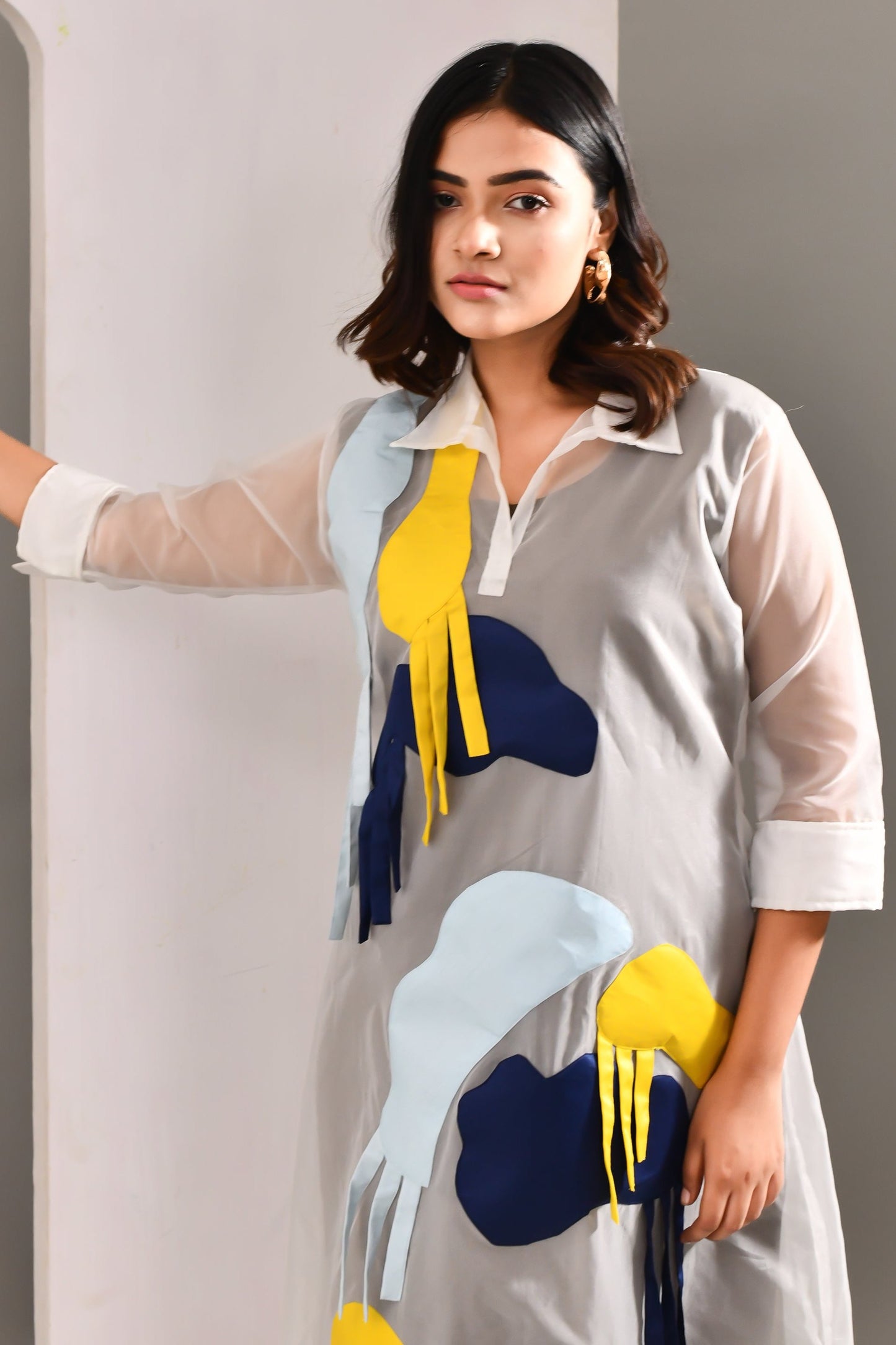 Multicolored Layered Blended Cotton & Organza Abstract Patterned Dress - Golden Muslin