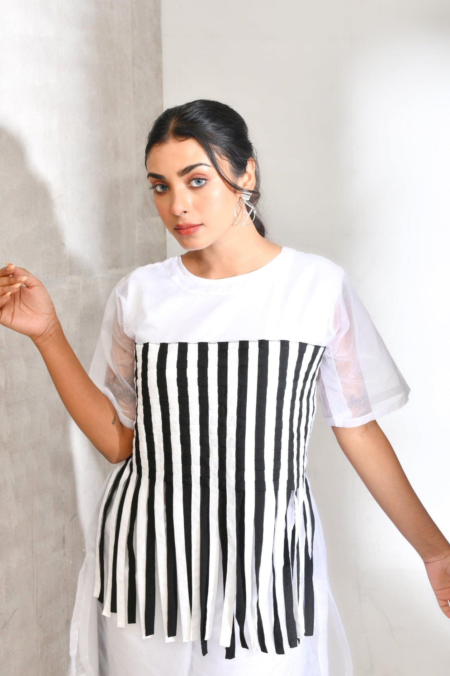 Black and White Blended Cotton and Organza Co Ord Set - Golden Muslin