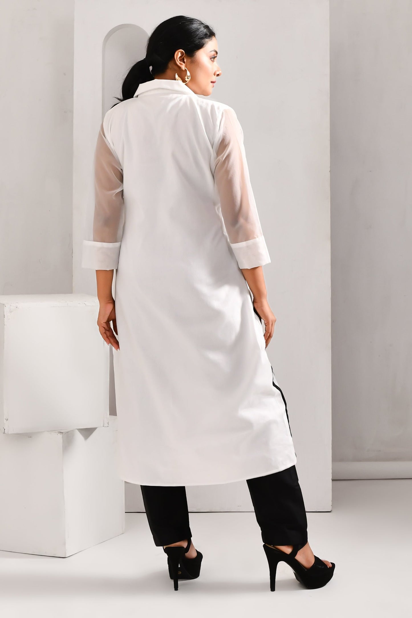 White and Black Blended Cotton & Organza Co Ord Set - Golden Muslin