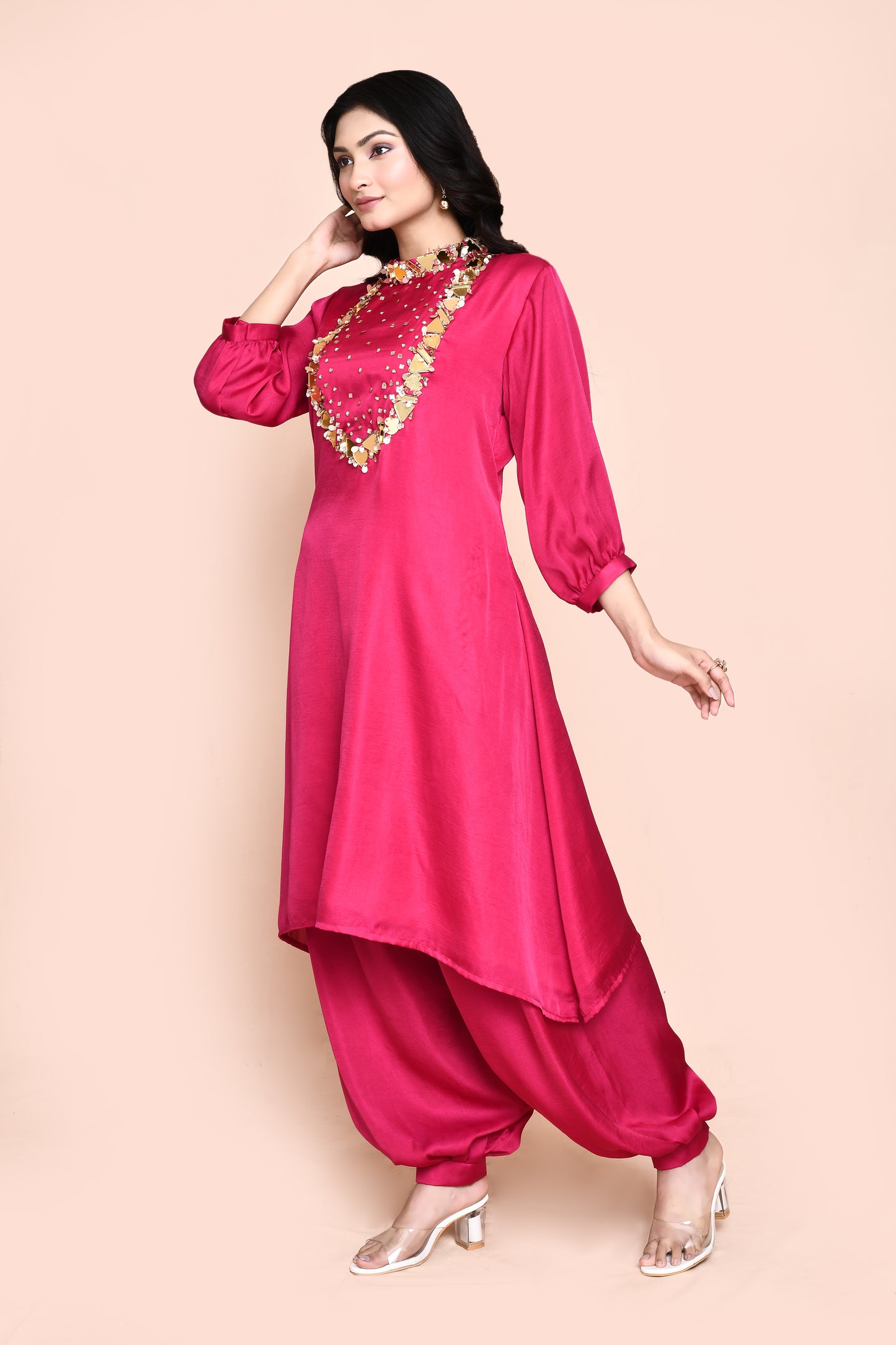 Fuchsia Pink Silk Afgani Kurta Set