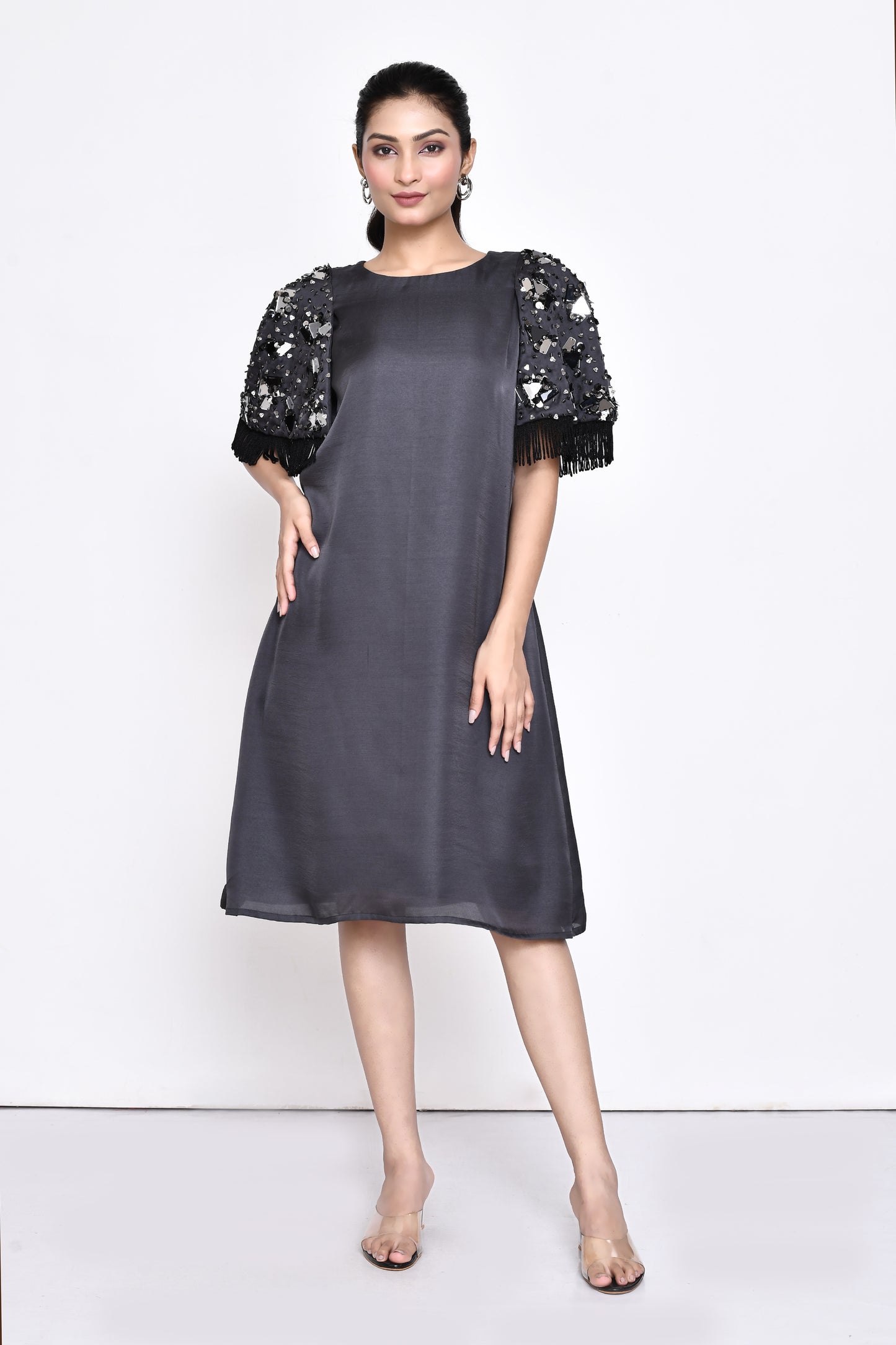 Grey Silk Blend Embellished Sleeves Dress