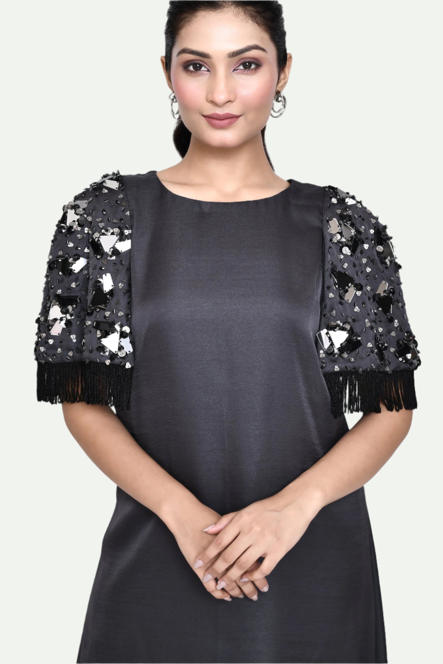 Grey Silk Blend Embellished Sleeves Dress