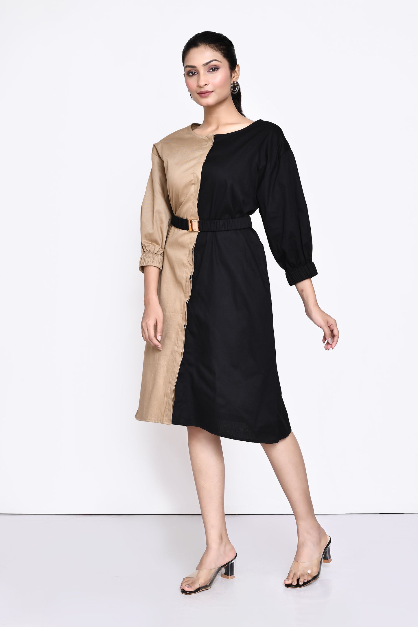 Beige and Black Poplin Dress