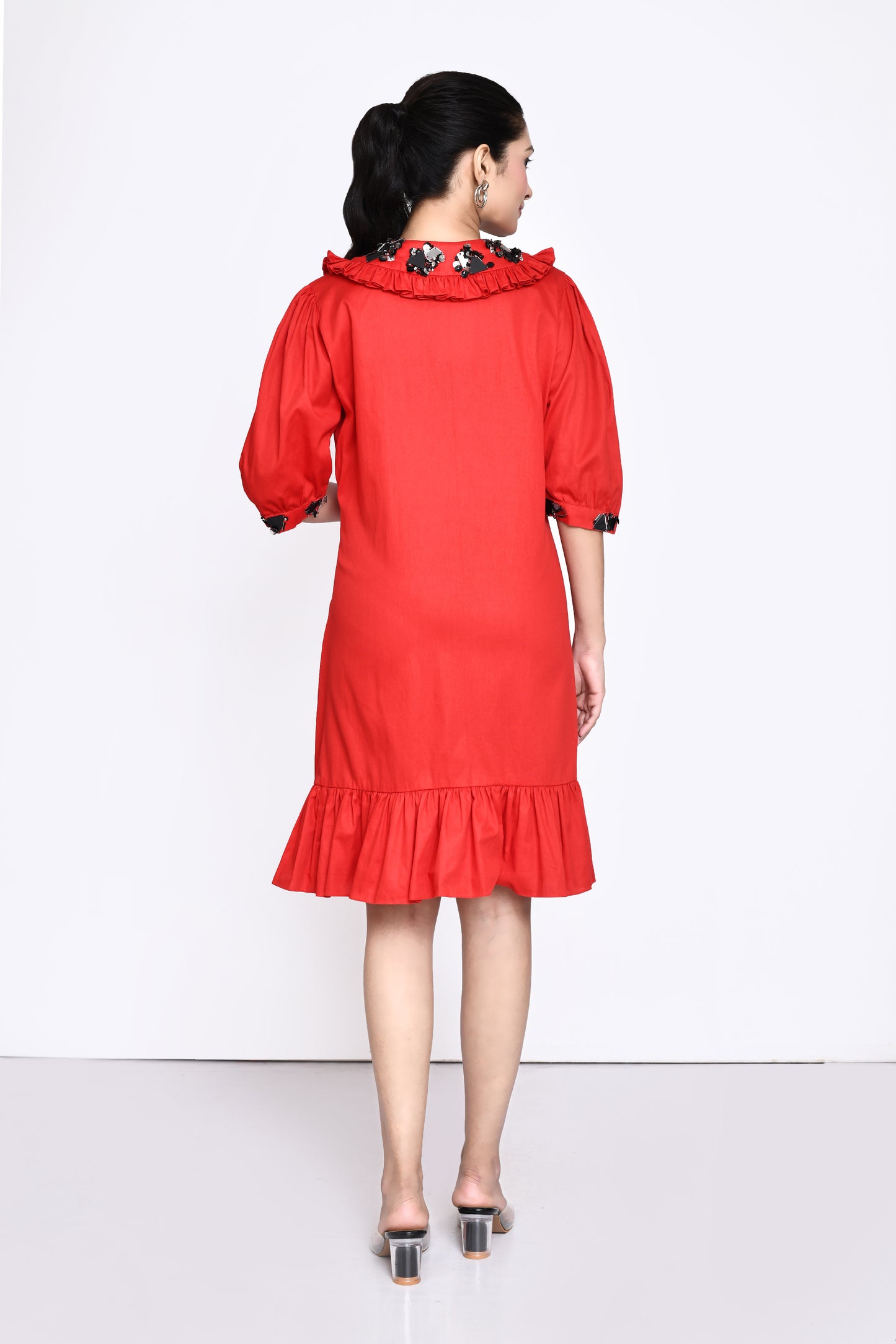 Red Cotton Dress with Exaggerated Collar