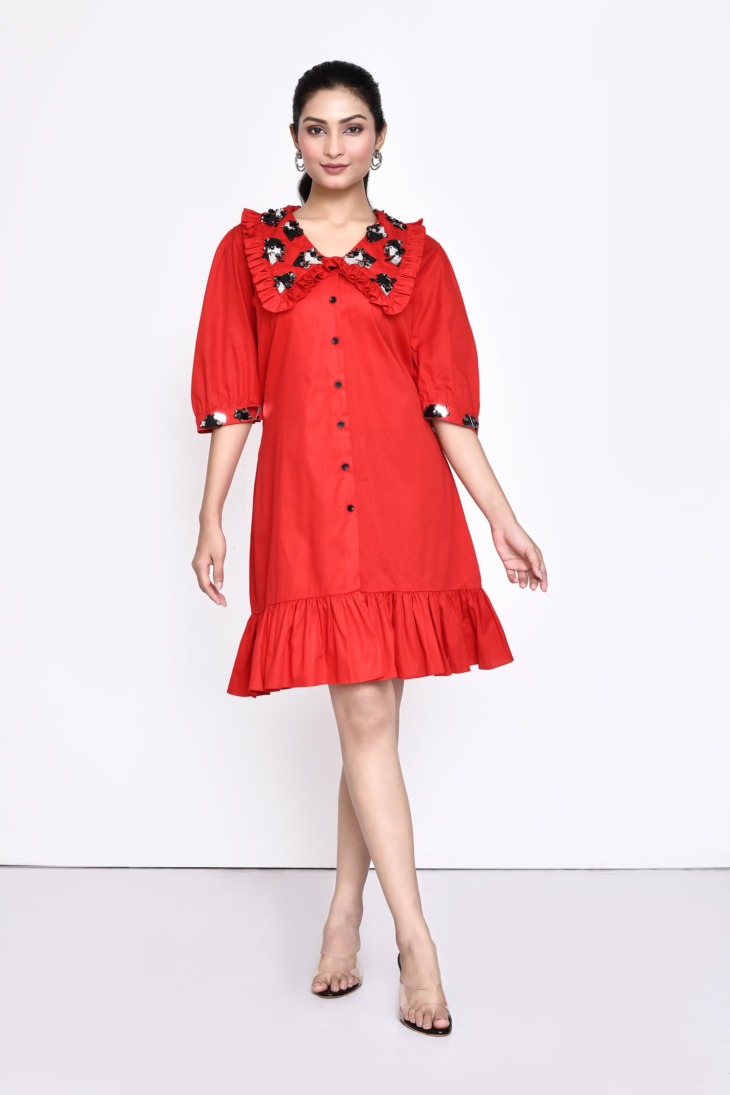 Red Cotton Dress with Exaggerated Collar