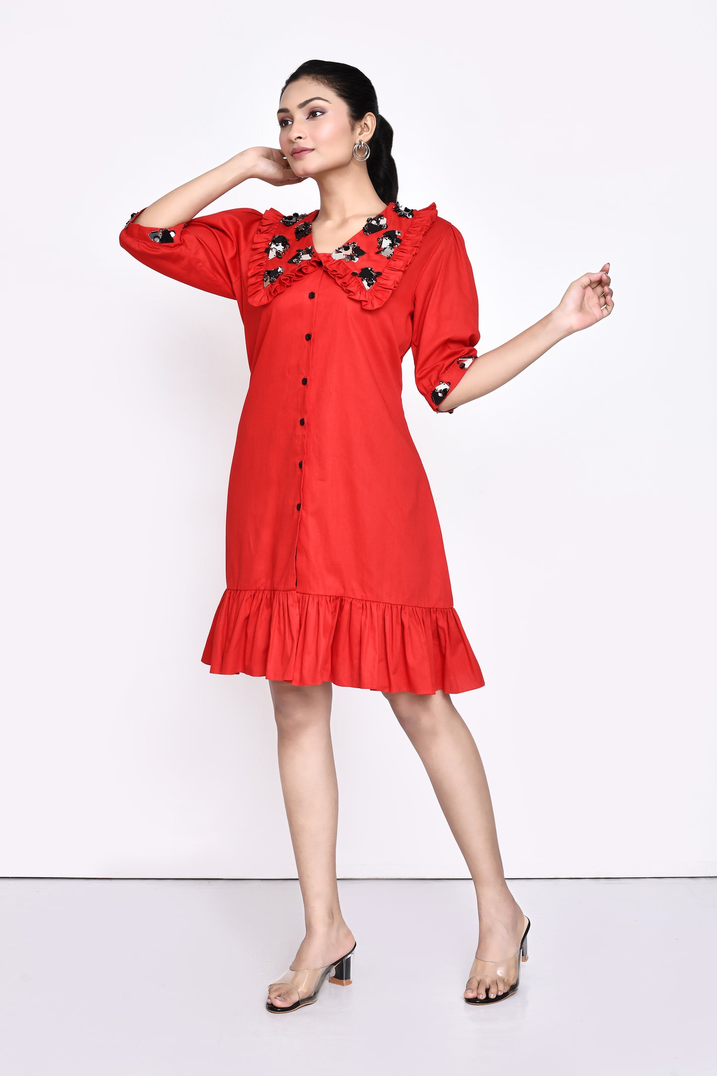 Red Cotton Dress with Exaggerated Collar