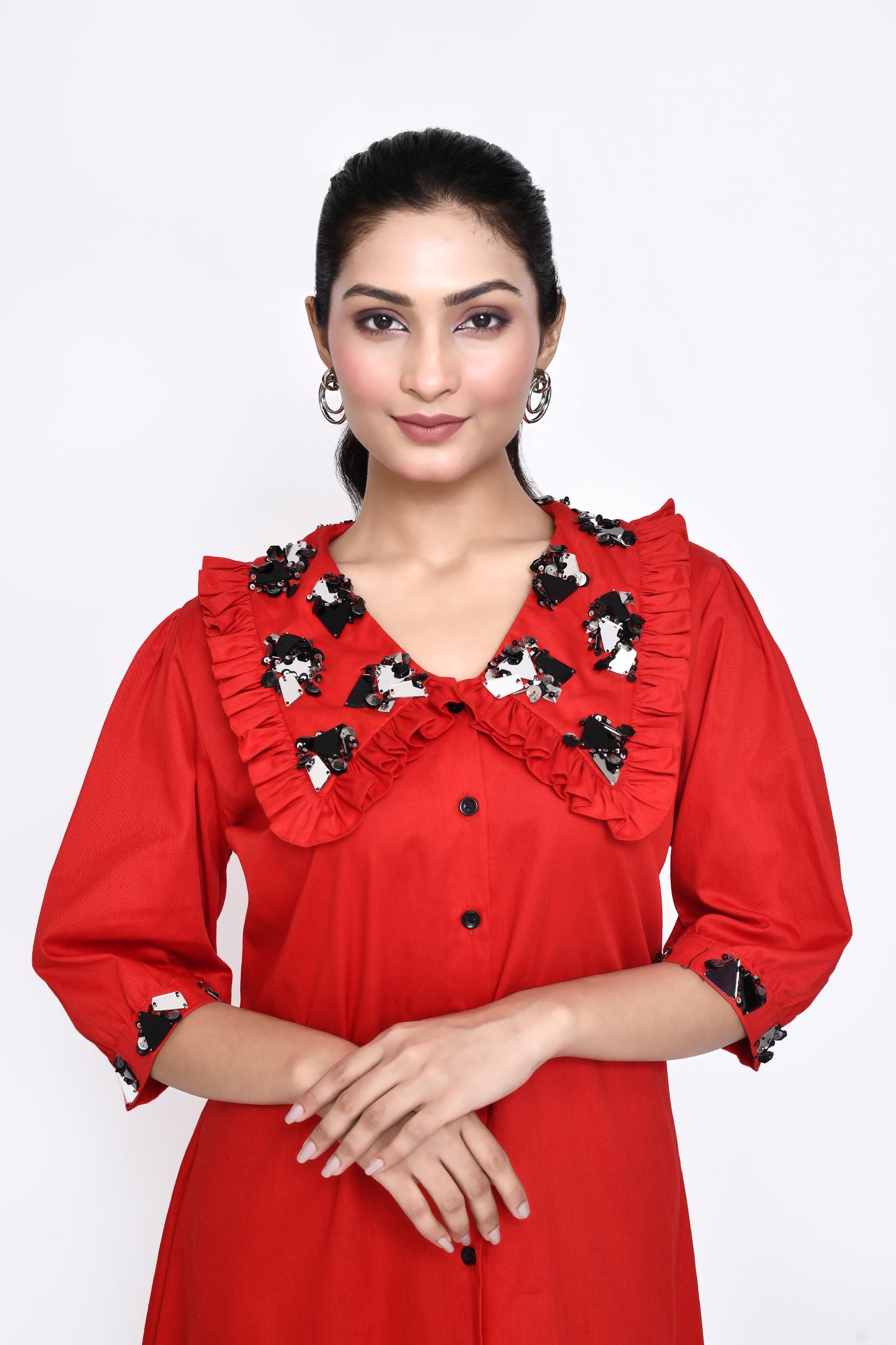 Red Cotton Dress with Exaggerated Collar