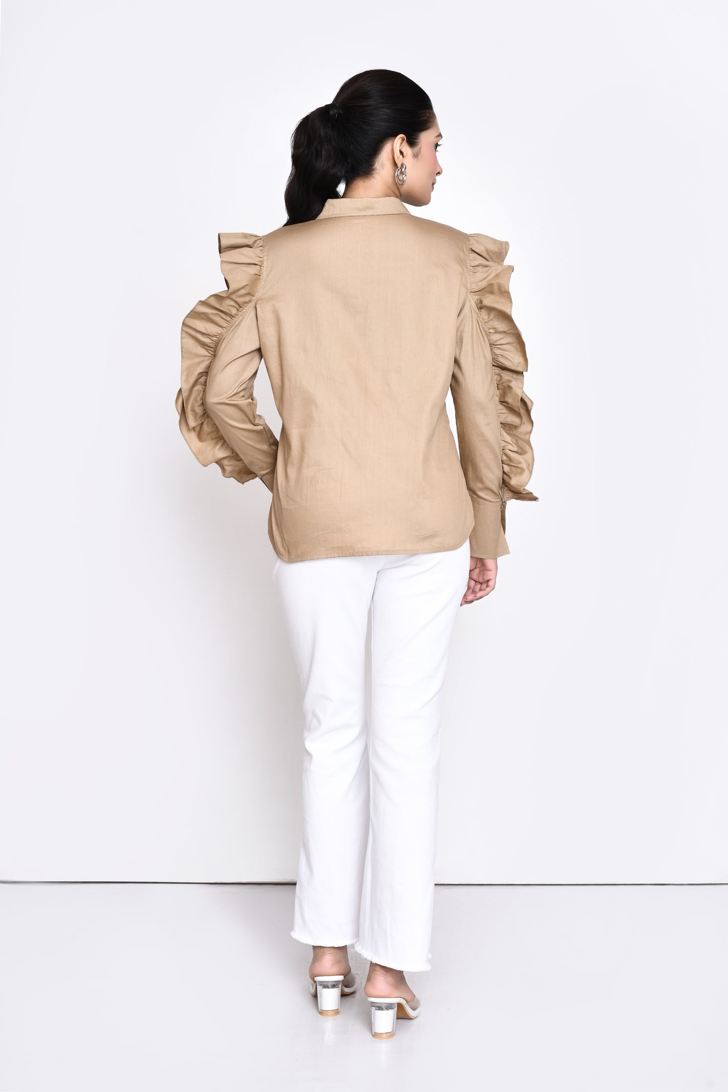 Beige Cotton Twill Shirt with Exaggerated Sleeves