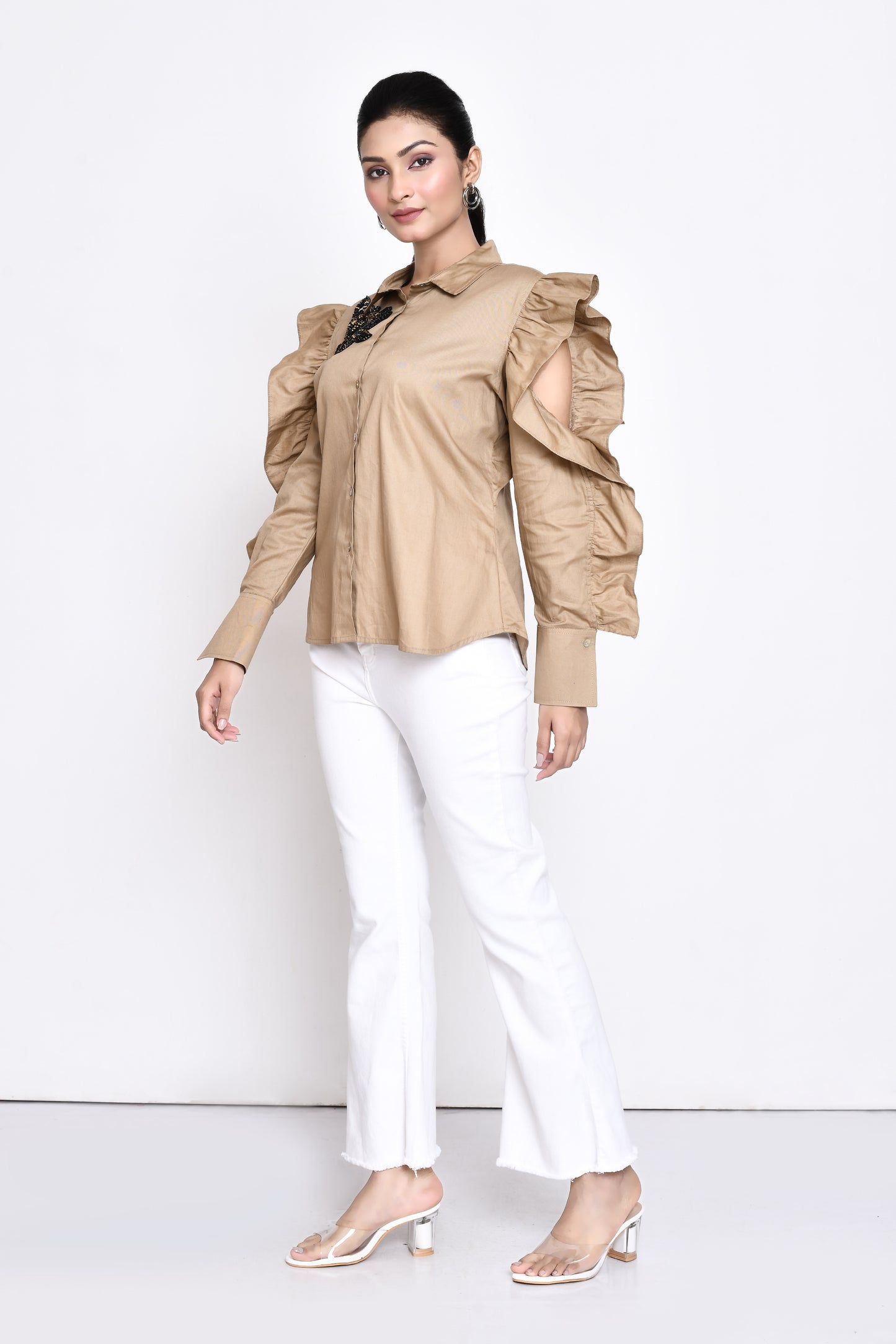 Beige Cotton Twill Shirt with Exaggerated Sleeves