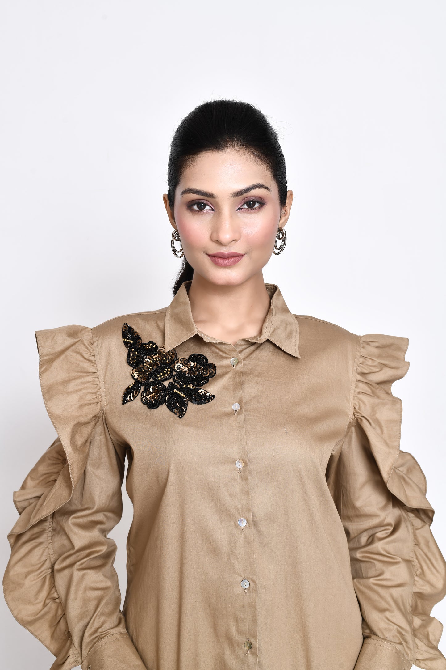 Beige Cotton Twill Shirt with Exaggerated Sleeves