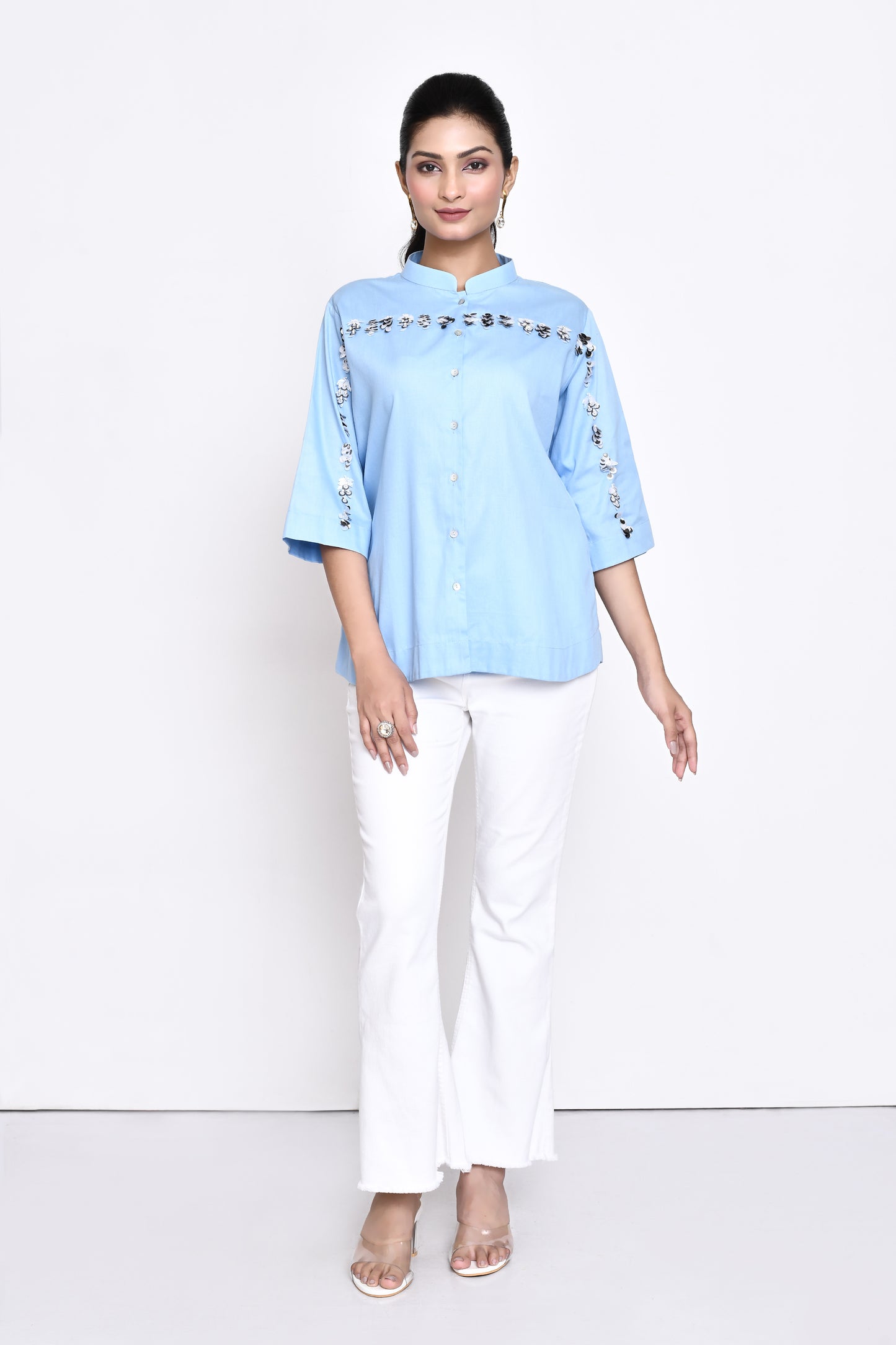 Sky Blue Cotton Embellished Shirt